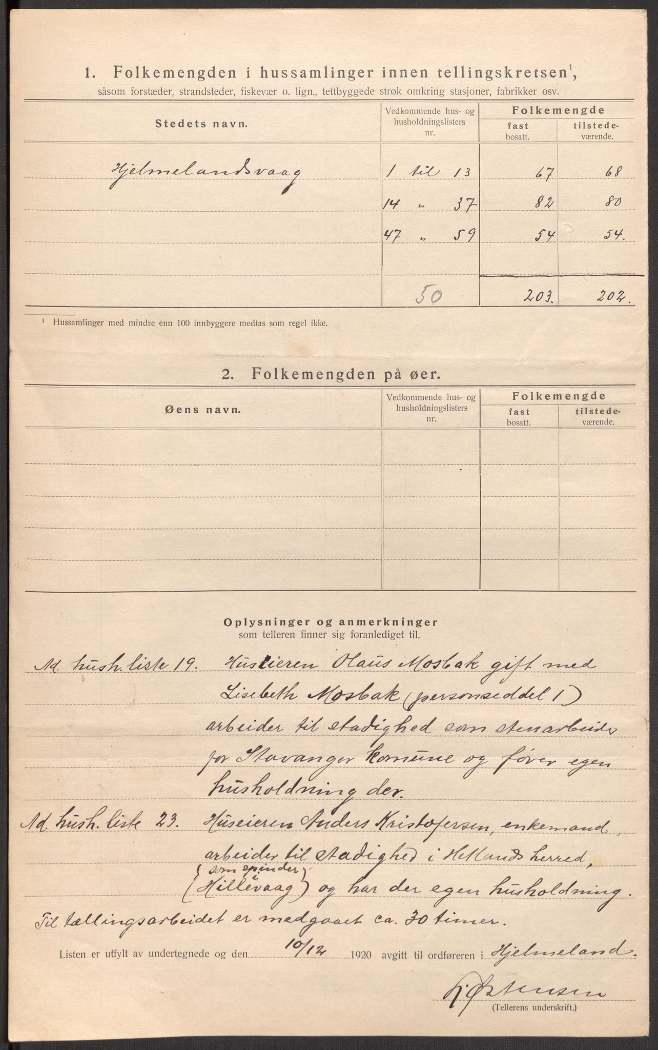 SAST, 1920 census for Hjelmeland, 1920, p. 52