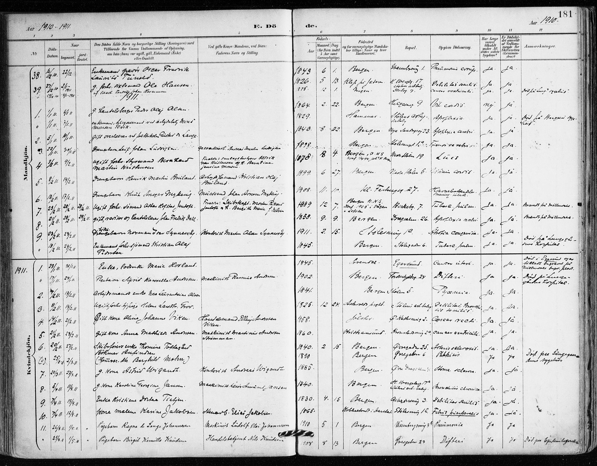 Mariakirken Sokneprestembete, SAB/A-76901/H/Haa/L0008: Parish register (official) no. A 8, 1893-1942, p. 181
