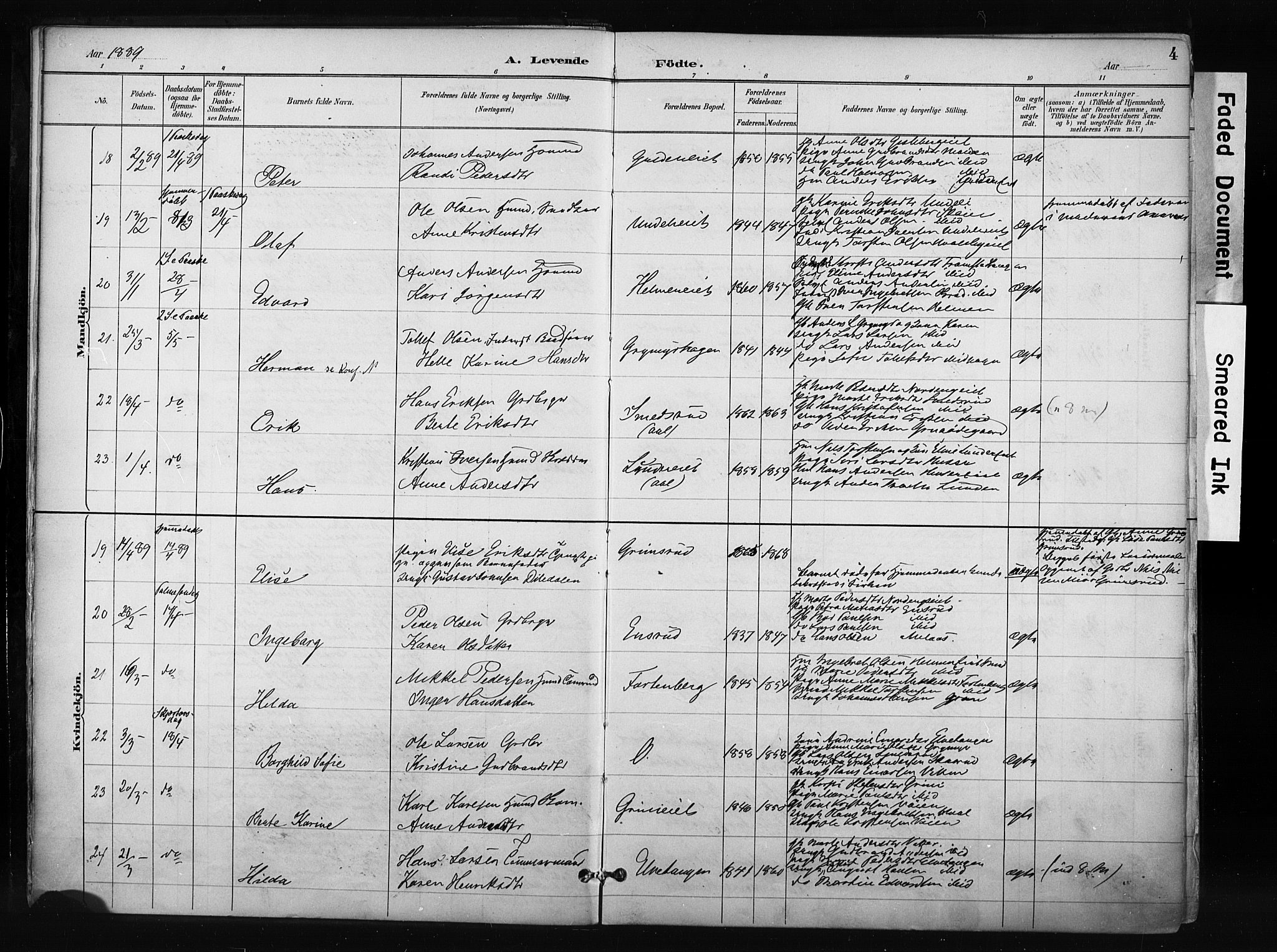 Gran prestekontor, SAH/PREST-112/H/Ha/Haa/L0017: Parish register (official) no. 17, 1889-1897, p. 4