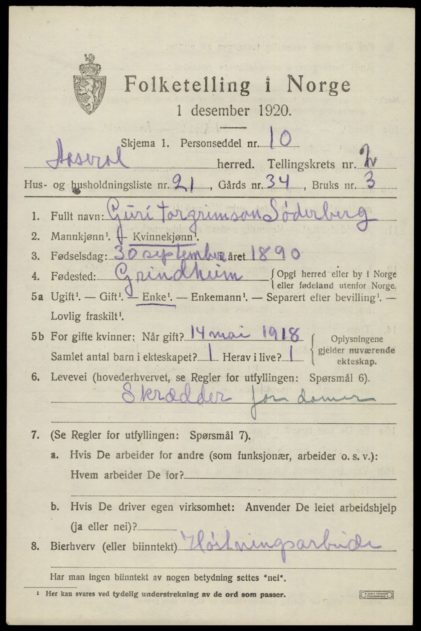 SAK, 1920 census for Åseral, 1920, p. 992