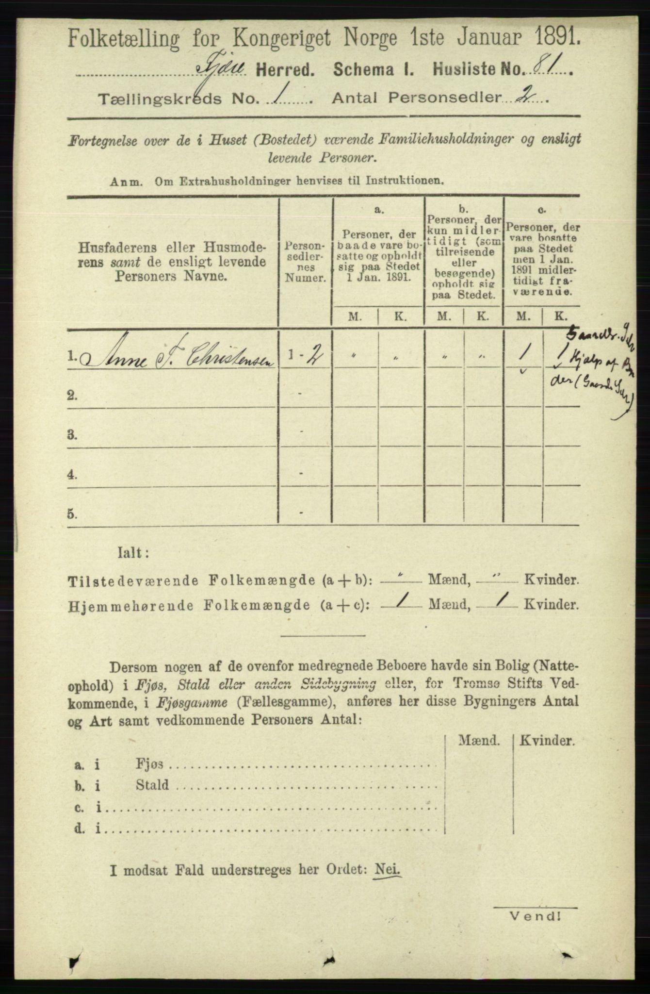 RA, 1891 census for 0923 Fjære, 1891, p. 116