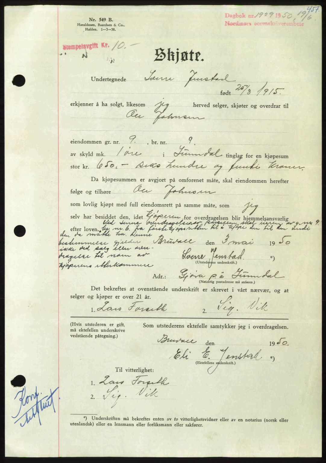 Nordmøre sorenskriveri, AV/SAT-A-4132/1/2/2Ca: Mortgage book no. A115, 1950-1950, Diary no: : 1929/1950