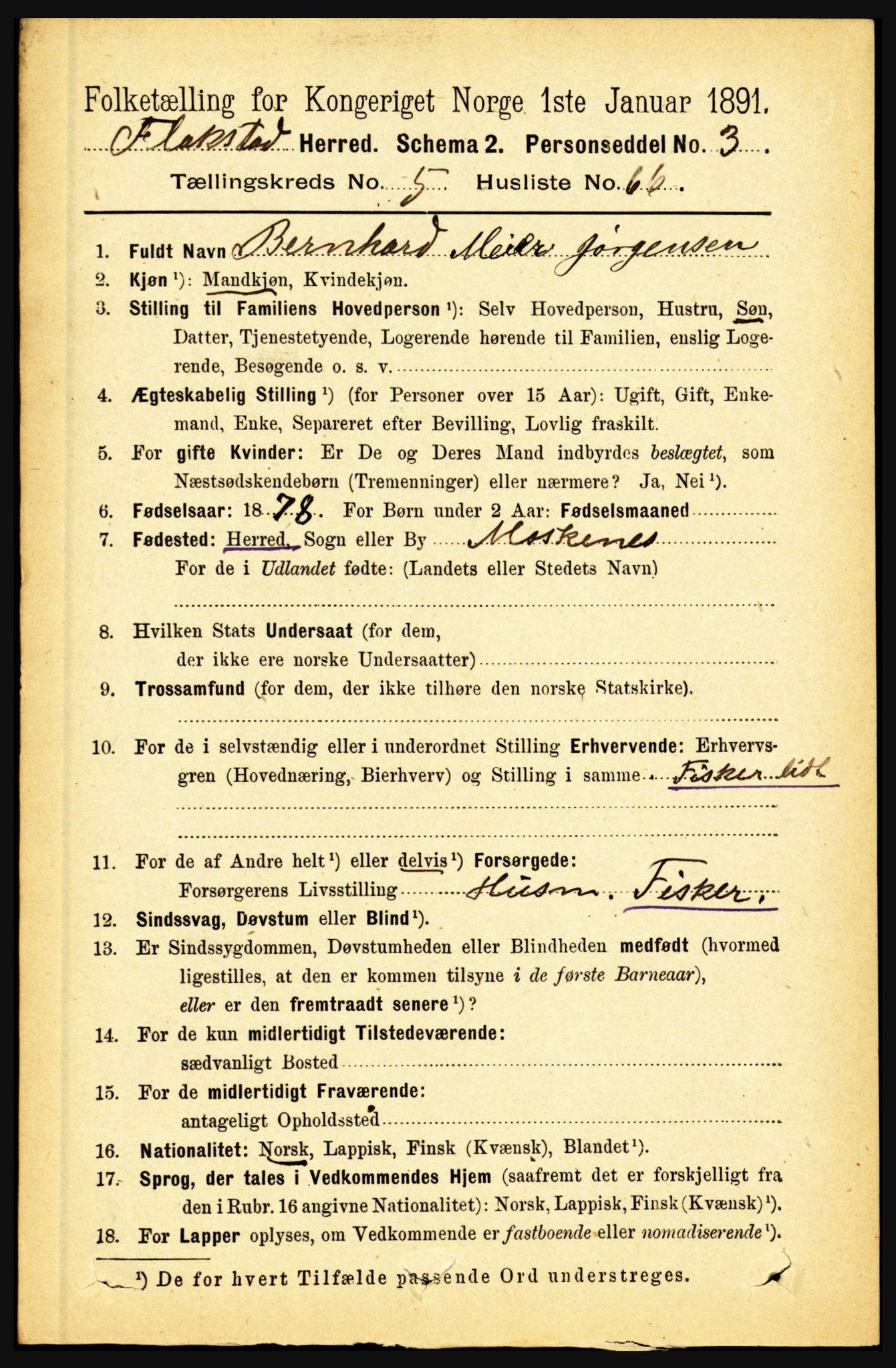 RA, 1891 census for 1859 Flakstad, 1891, p. 2921