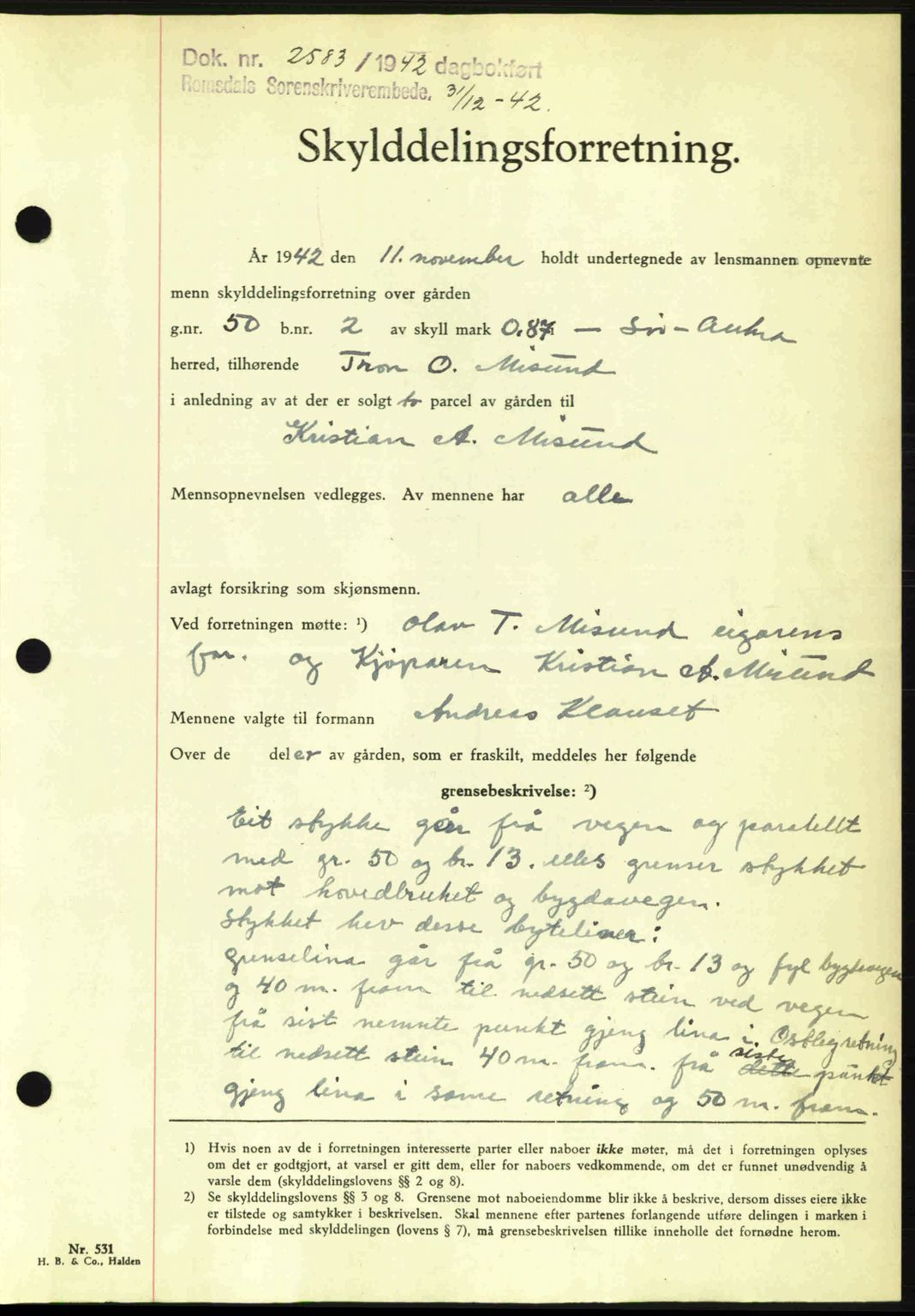 Romsdal sorenskriveri, AV/SAT-A-4149/1/2/2C: Mortgage book no. A13, 1942-1943, Diary no: : 2583/1942