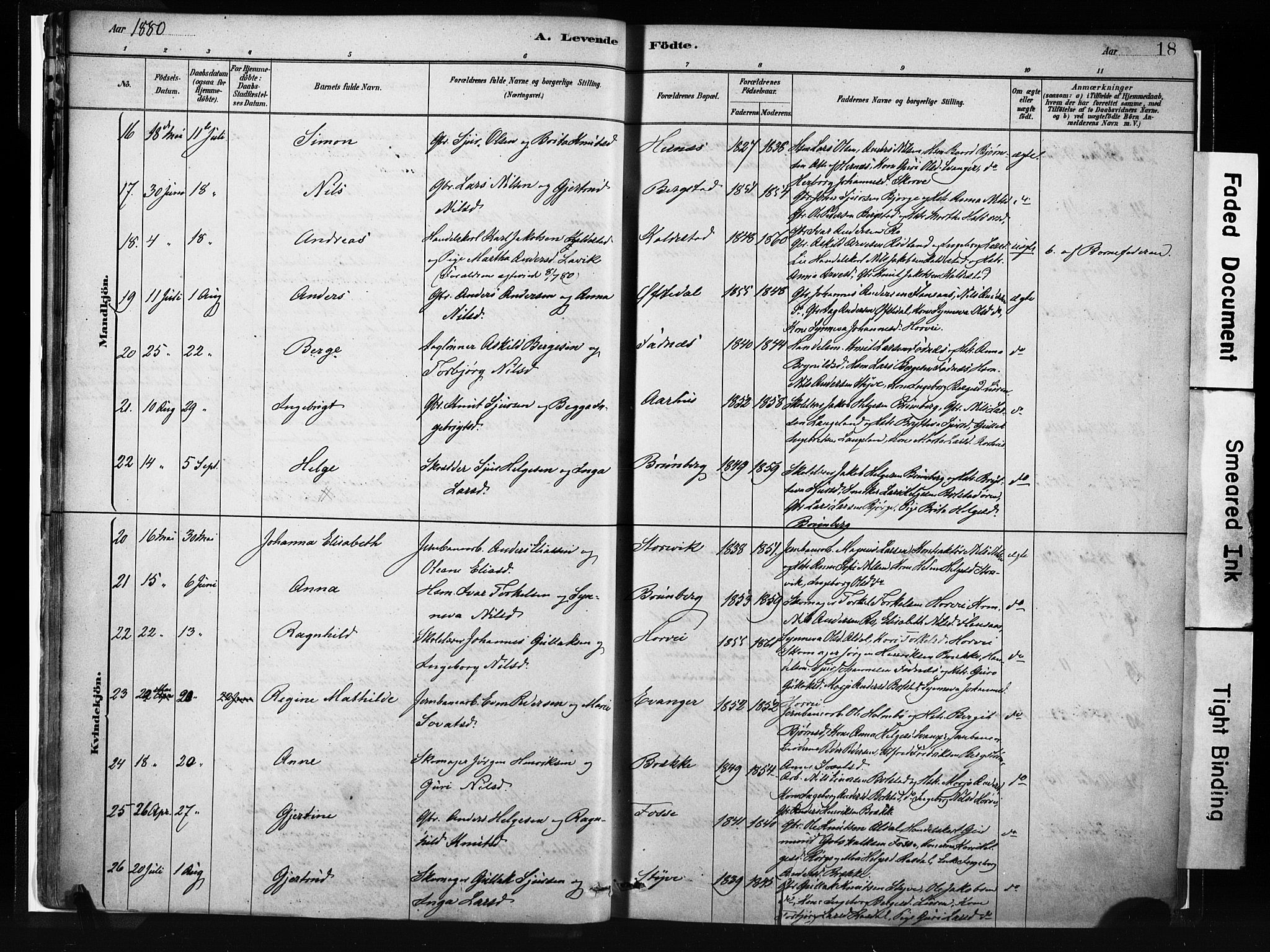 Evanger sokneprestembete, AV/SAB-A-99924: Parish register (official) no. A 1, 1877-1899, p. 18