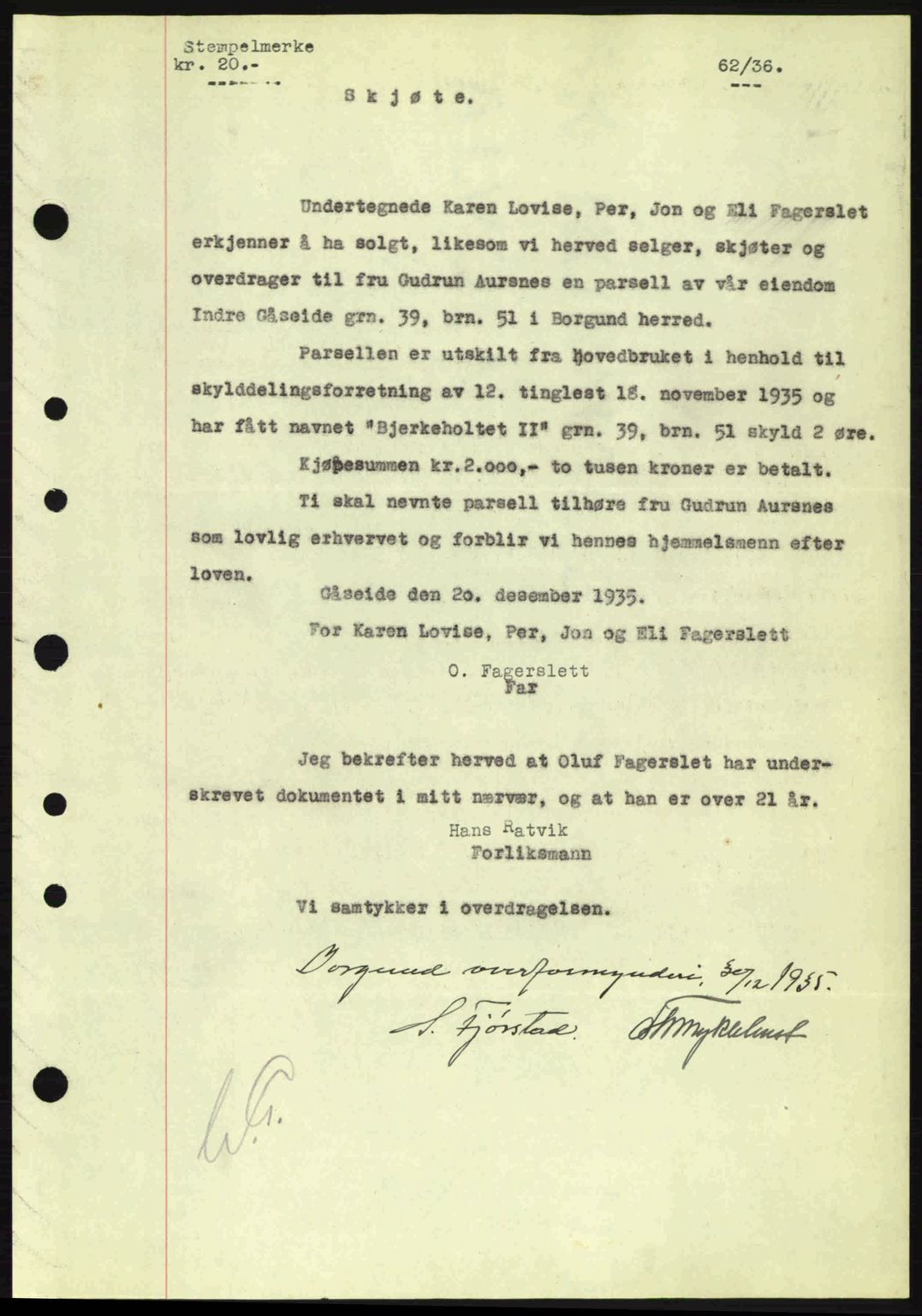 Nordre Sunnmøre sorenskriveri, AV/SAT-A-0006/1/2/2C/2Ca: Mortgage book no. A1, 1936-1936, Diary no: : 62/1936