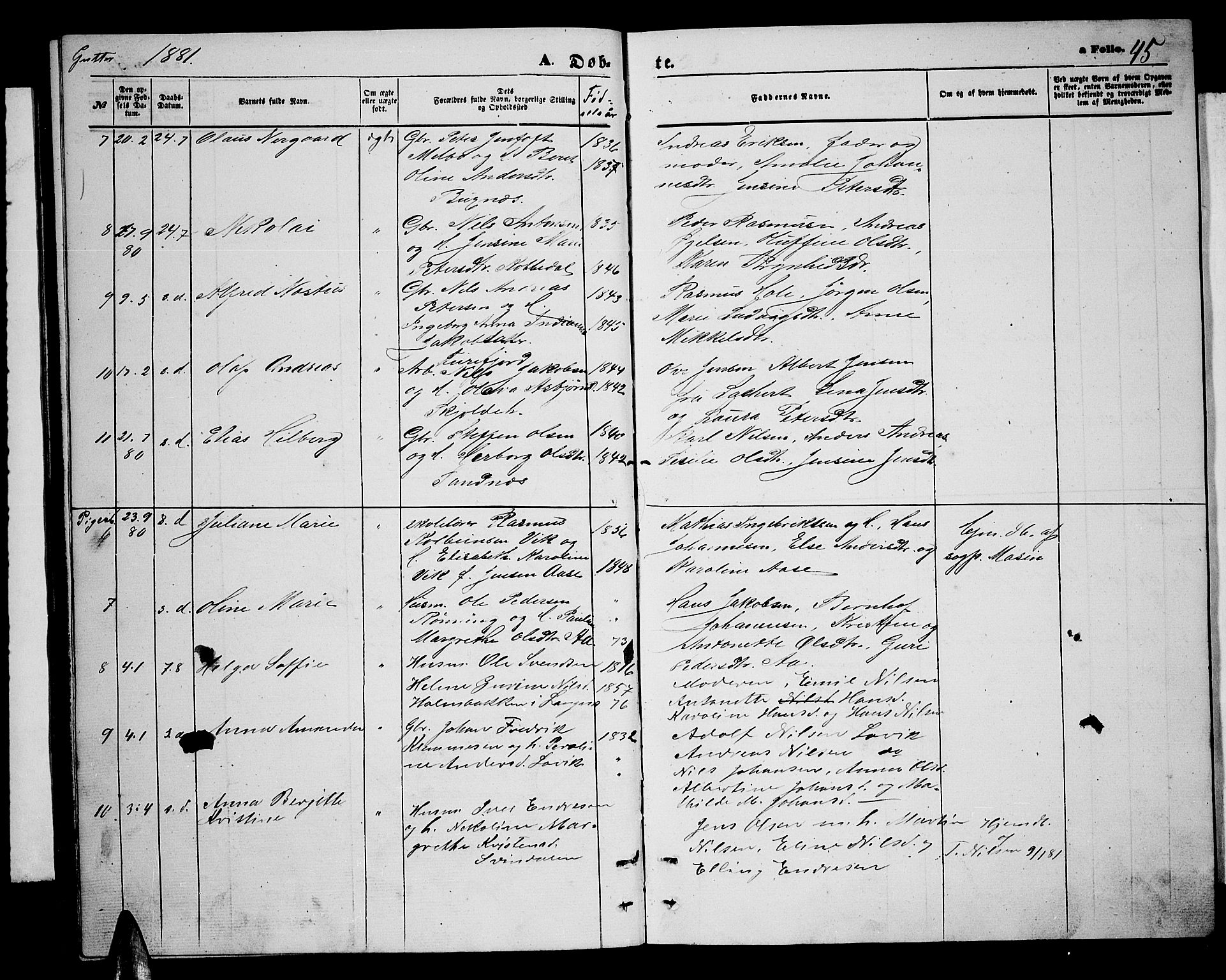 Ministerialprotokoller, klokkerbøker og fødselsregistre - Nordland, AV/SAT-A-1459/898/L1426: Parish register (copy) no. 898C01, 1869-1886, p. 45