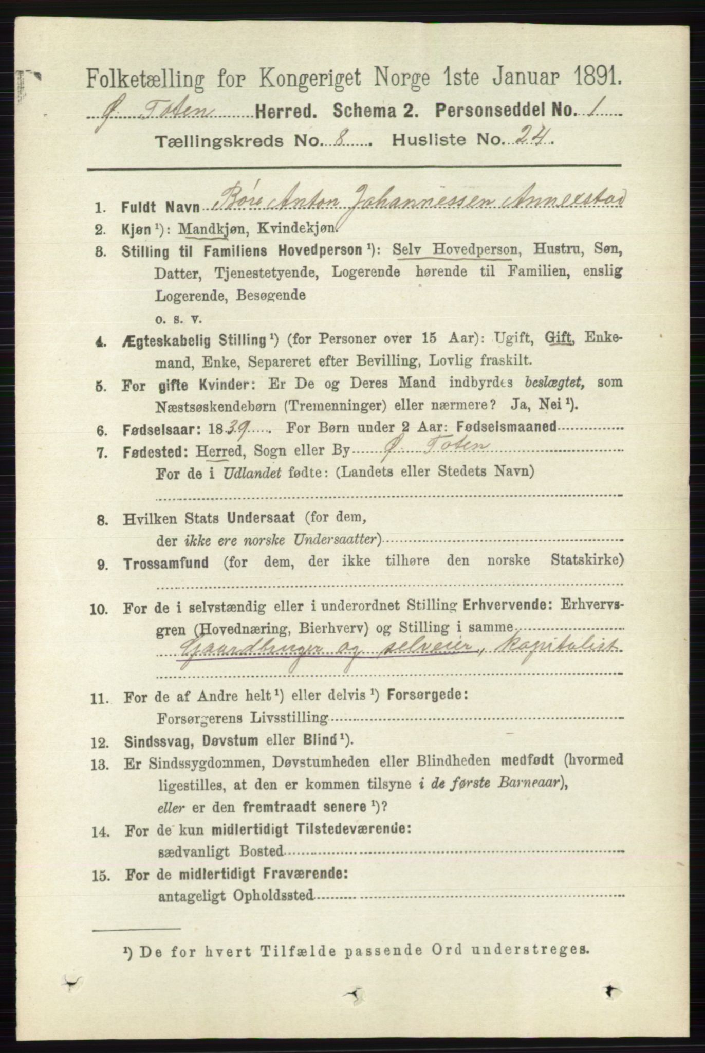 RA, 1891 census for 0528 Østre Toten, 1891, p. 5142