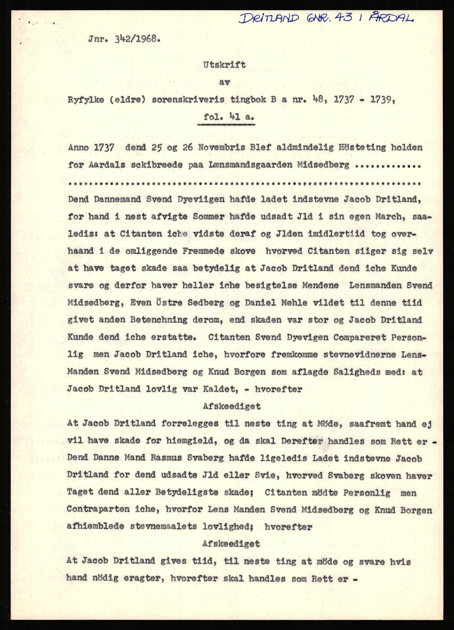 Statsarkivet i Stavanger, AV/SAST-A-101971/03/Y/Yj/L0014: Avskrifter sortert etter gårdsnanv: Dalve - Dyrland, 1750-1930, p. 525