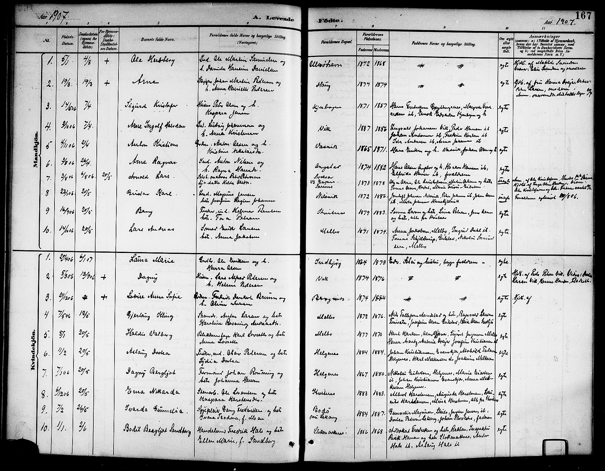 Ministerialprotokoller, klokkerbøker og fødselsregistre - Nordland, AV/SAT-A-1459/888/L1268: Parish register (copy) no. 888C06, 1891-1908, p. 167