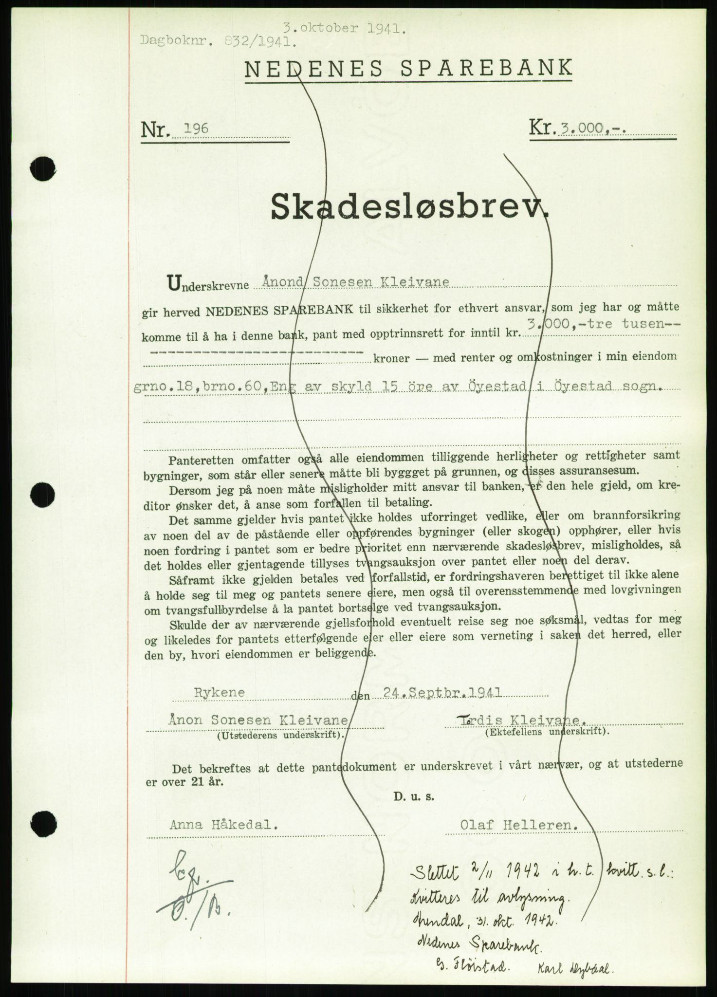 Nedenes sorenskriveri, AV/SAK-1221-0006/G/Gb/Gbb/L0001: Mortgage book no. I, 1939-1942, Diary no: : 832/1941