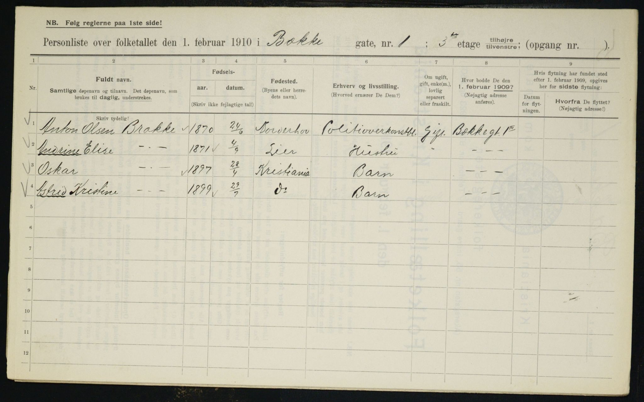 OBA, Municipal Census 1910 for Kristiania, 1910, p. 10576