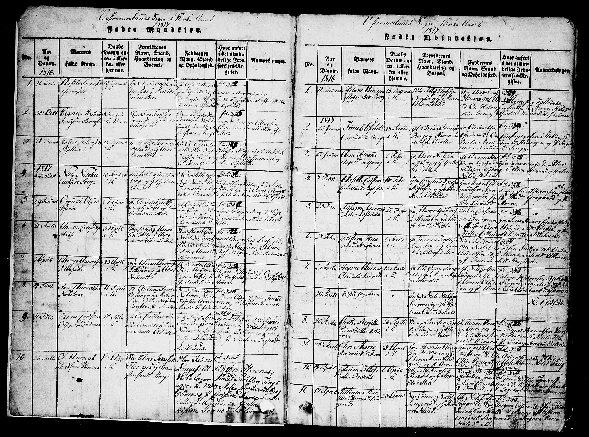 Vestre Moland sokneprestkontor, SAK/1111-0046/F/Fb/Fbb/L0001: Parish register (copy) no. B 1, 1816-1851, p. 1