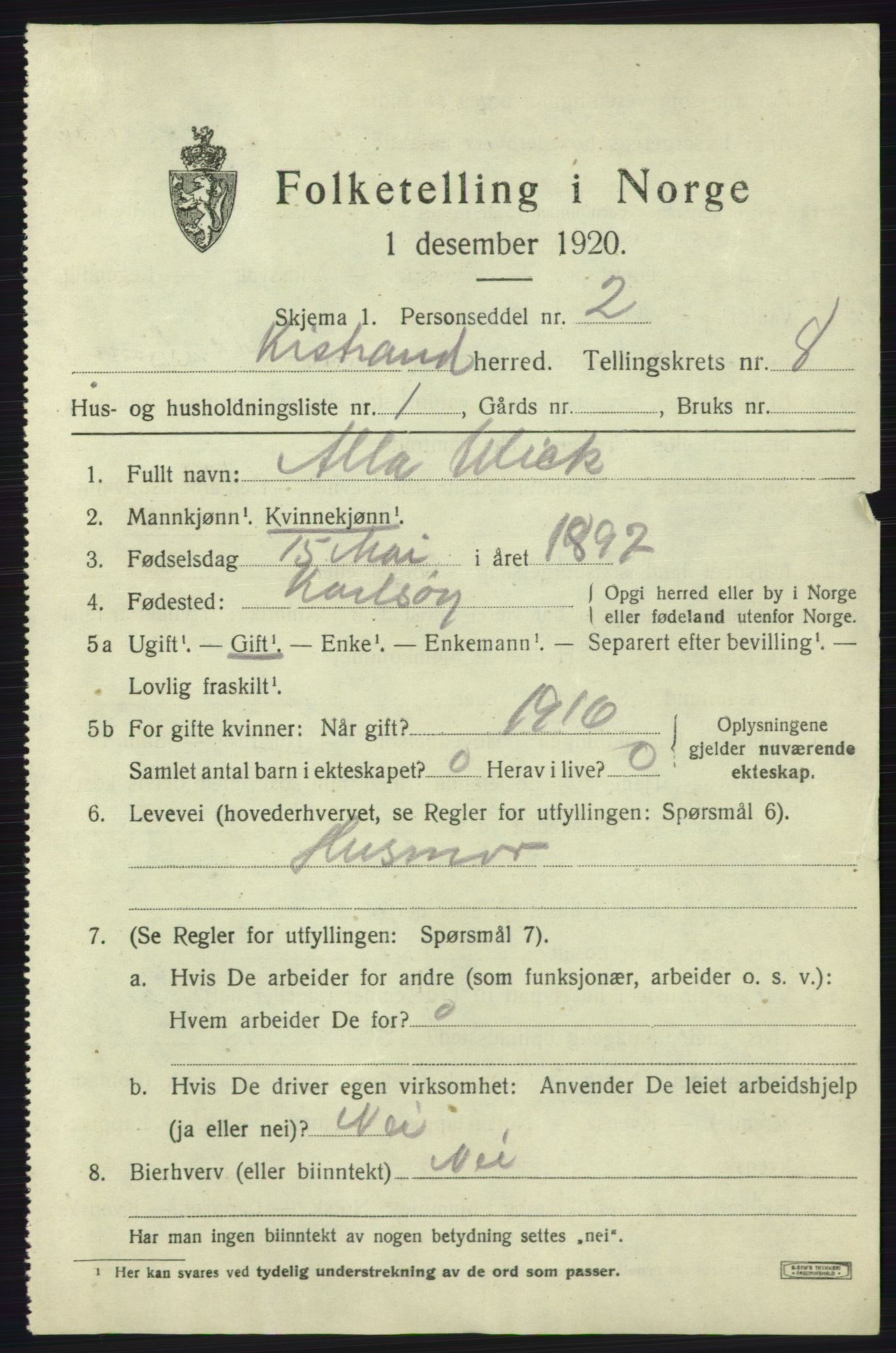 SATØ, 1920 census for Kistrand, 1920, p. 4750