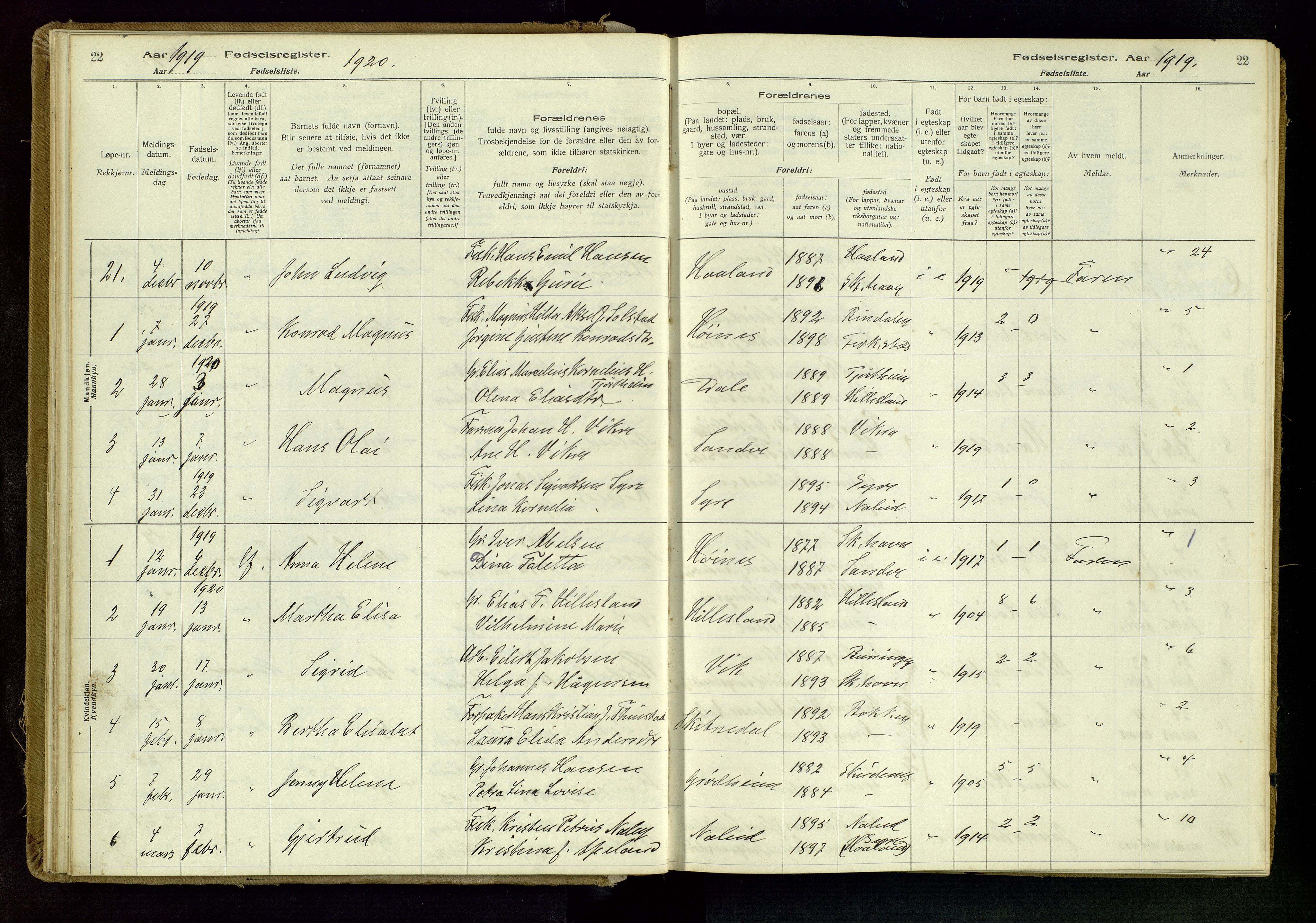 Skudenes sokneprestkontor, SAST/A -101849/I/Id/L0001: Birth register no. 1, 1916-1964, p. 22