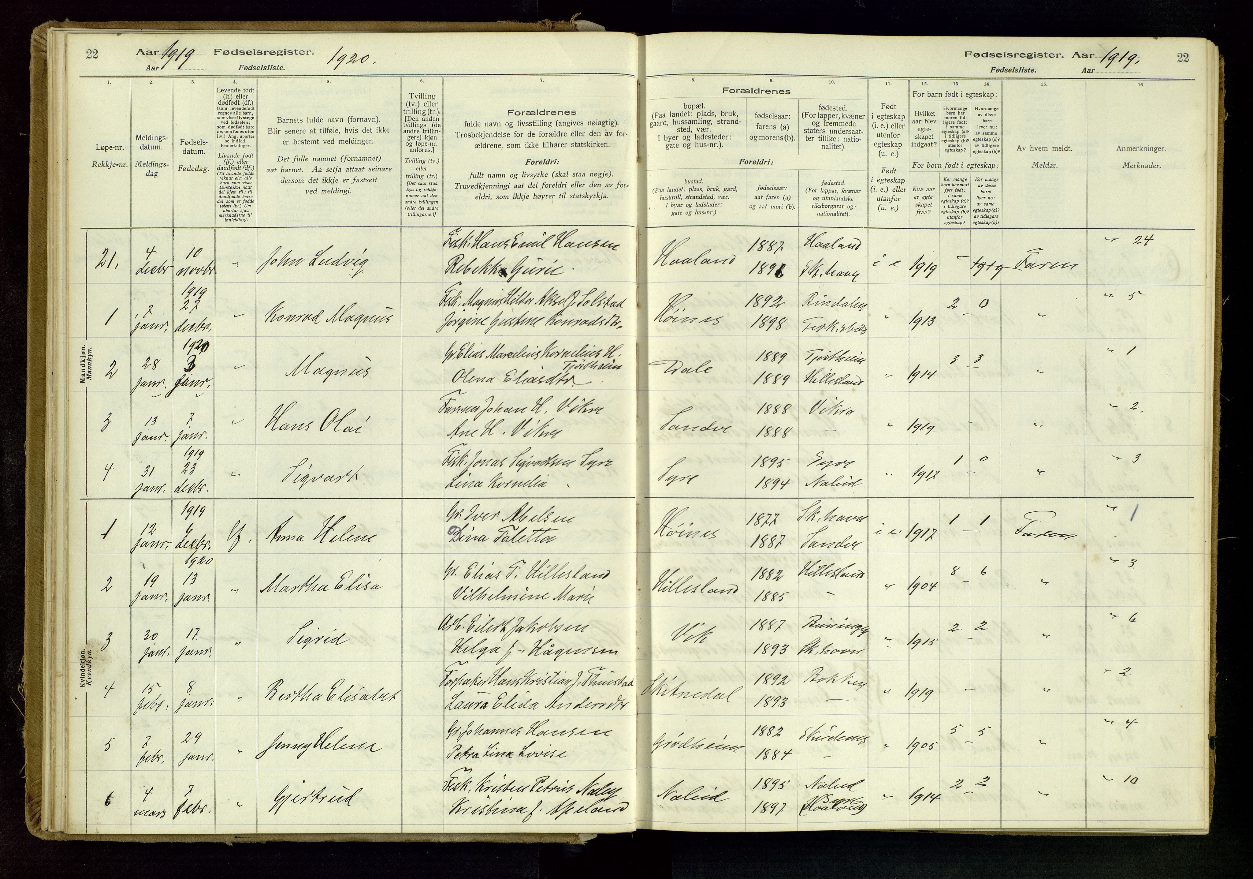 Skudenes sokneprestkontor, AV/SAST-A -101849/I/Id/L0001: Birth register no. 1, 1916-1964, p. 22