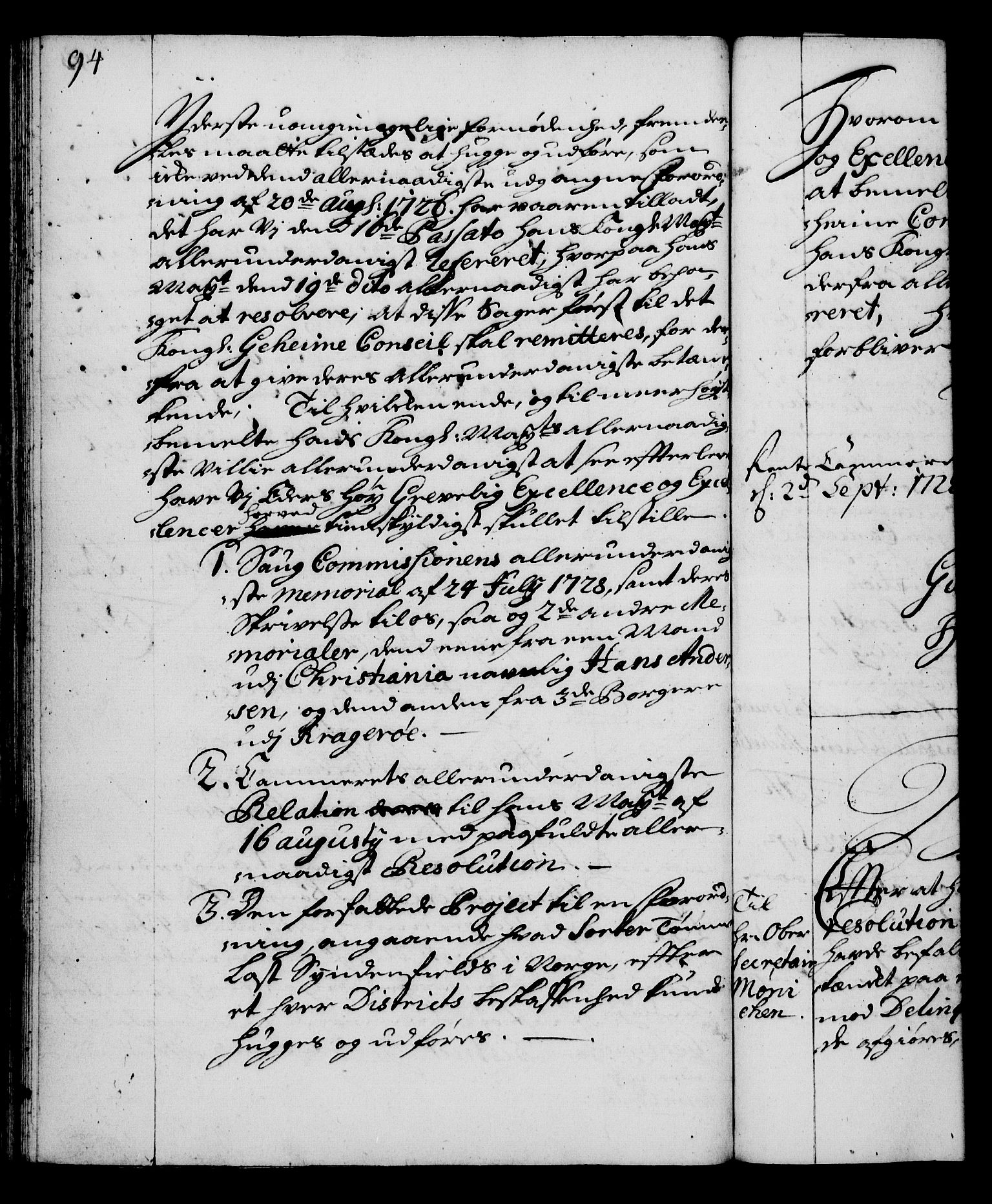 Rentekammeret, Kammerkanselliet, RA/EA-3111/G/Gg/Gga/L0003: Norsk ekspedisjonsprotokoll med register (merket RK 53.3), 1727-1734, p. 94
