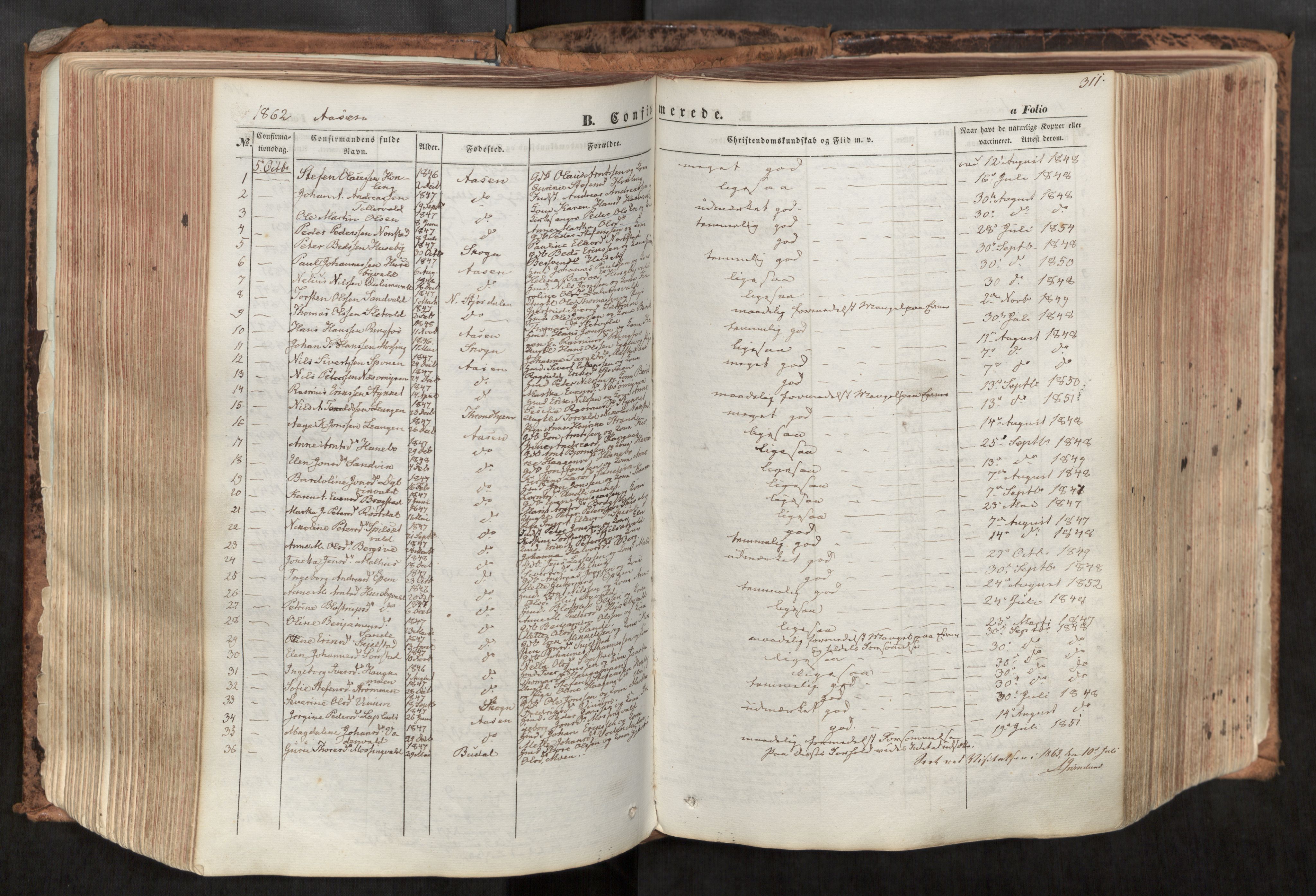 Ministerialprotokoller, klokkerbøker og fødselsregistre - Nord-Trøndelag, SAT/A-1458/713/L0116: Parish register (official) no. 713A07, 1850-1877, p. 311