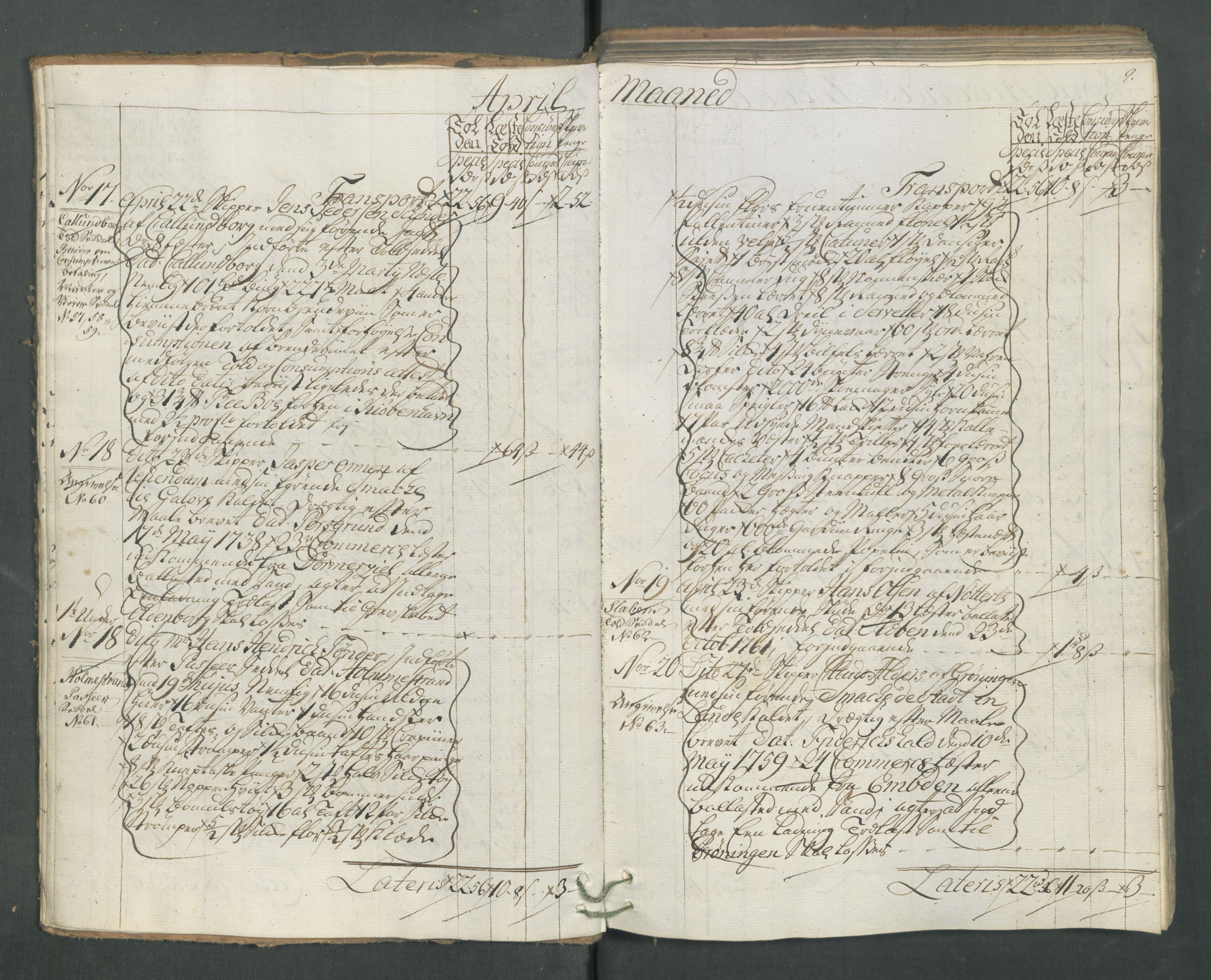 Generaltollkammeret, tollregnskaper, AV/RA-EA-5490/R13/L0032/0001: Tollregnskaper Kragerø / Inngående hovedtollbok, 1762, p. 8b-9a