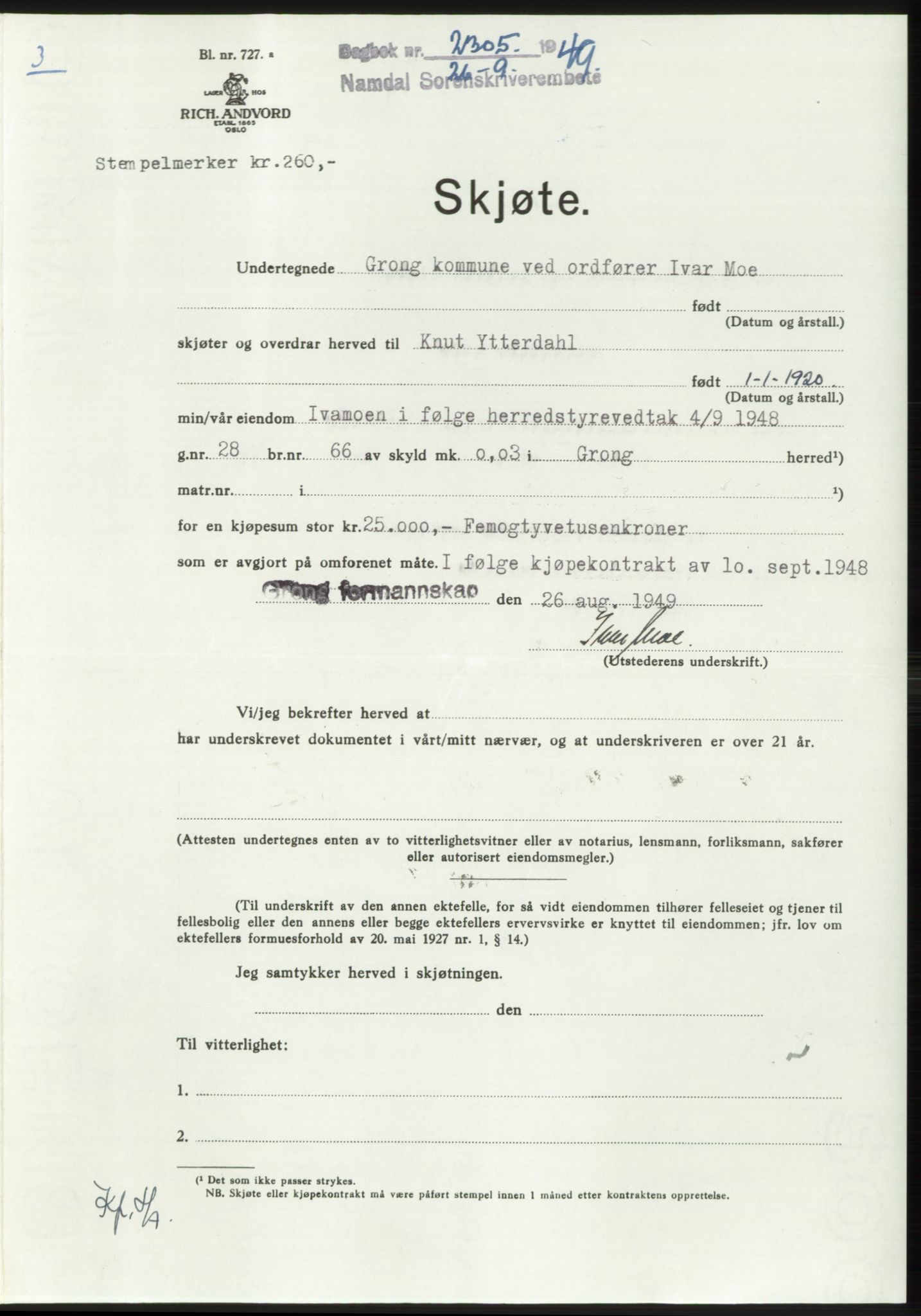 Namdal sorenskriveri, AV/SAT-A-4133/1/2/2C: Mortgage book no. -, 1949-1949, Diary no: : 2305/1949