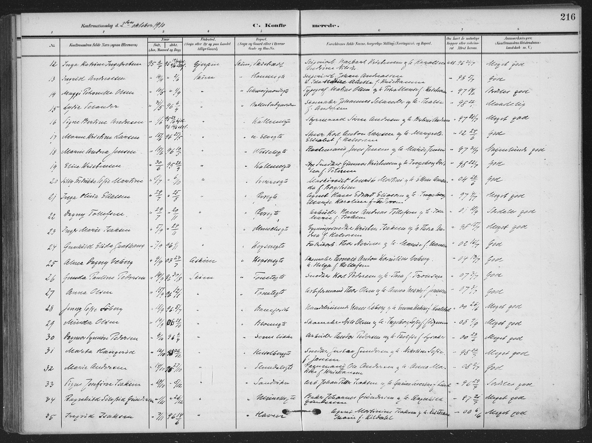 Skien kirkebøker, AV/SAKO-A-302/F/Fa/L0012: Parish register (official) no. 12, 1908-1914, p. 216