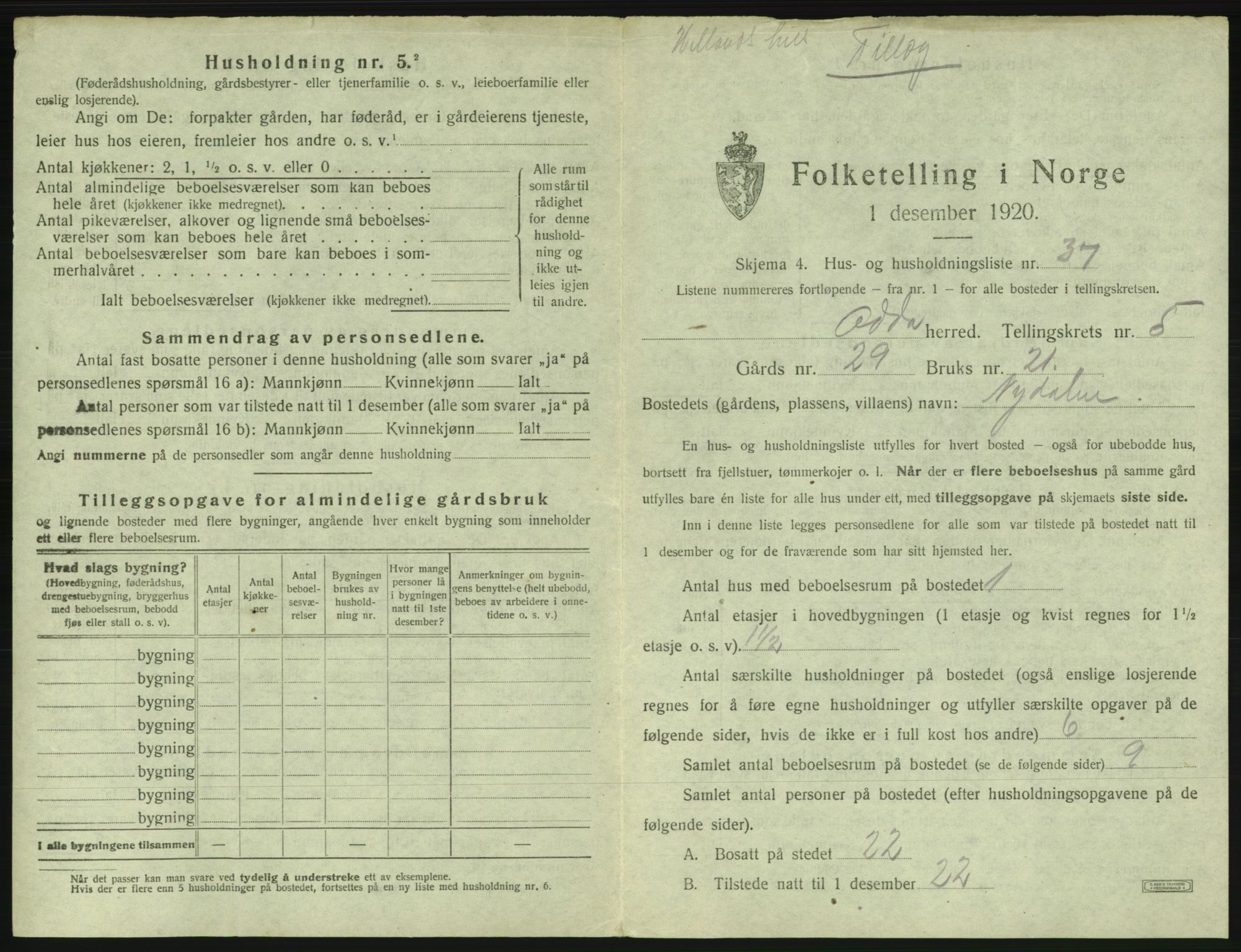 SAB, 1920 census for Odda, 1920, p. 437