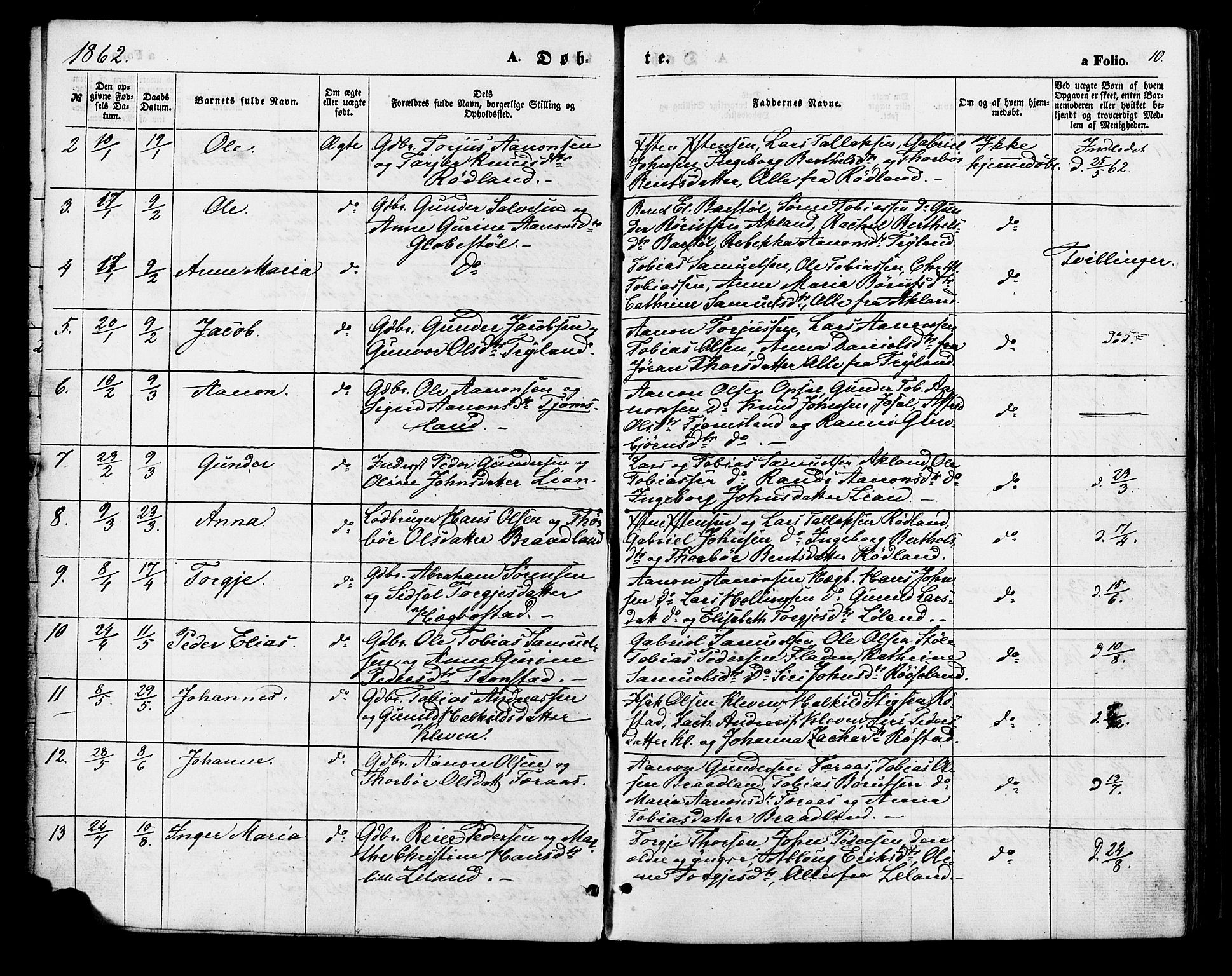 Nord-Audnedal sokneprestkontor, AV/SAK-1111-0032/F/Fa/Fab/L0002: Parish register (official) no. A 2, 1859-1882, p. 10