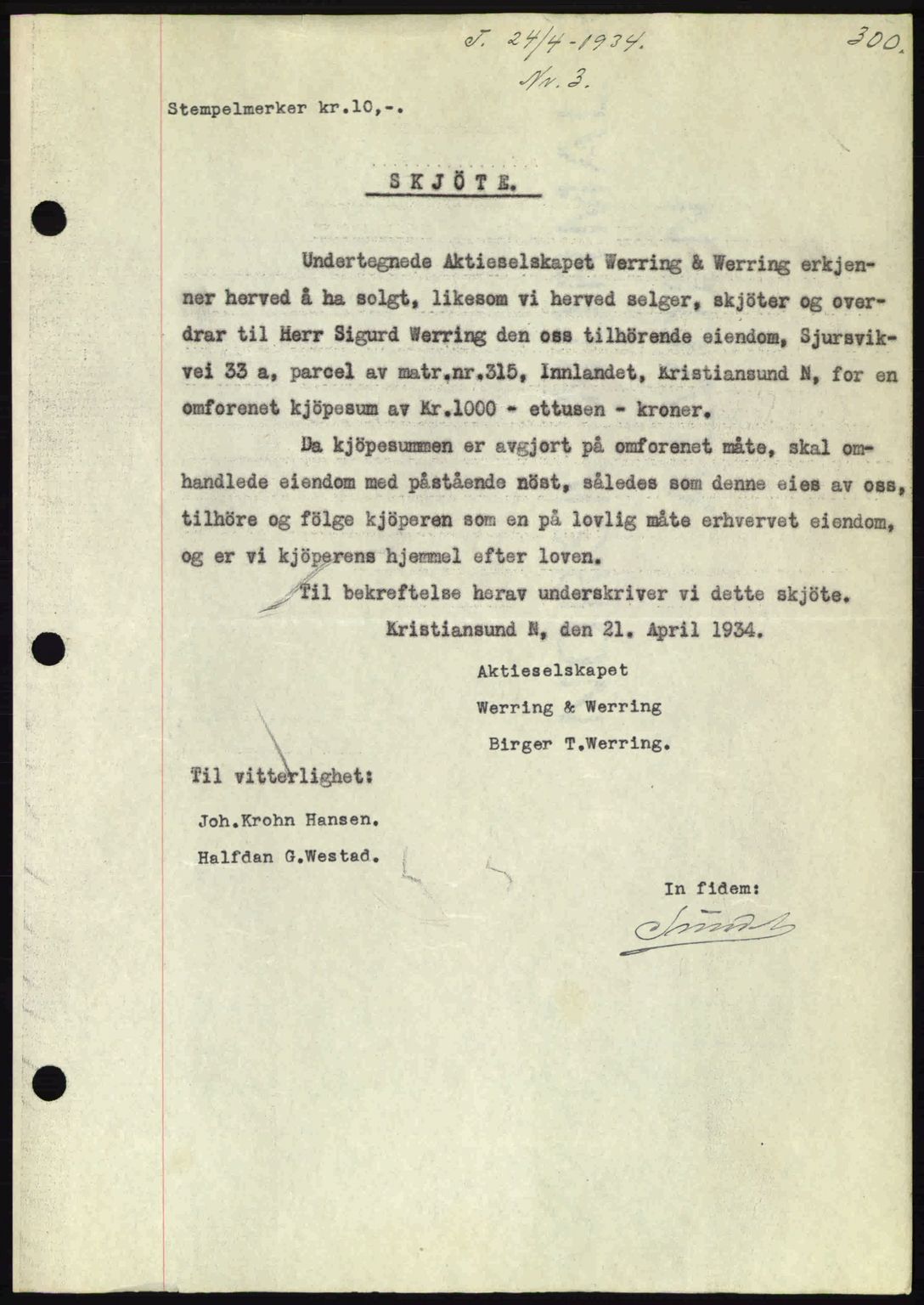 Kristiansund byfogd, AV/SAT-A-4587/A/27: Mortgage book no. 27, 1933-1934, Deed date: 24.04.1934