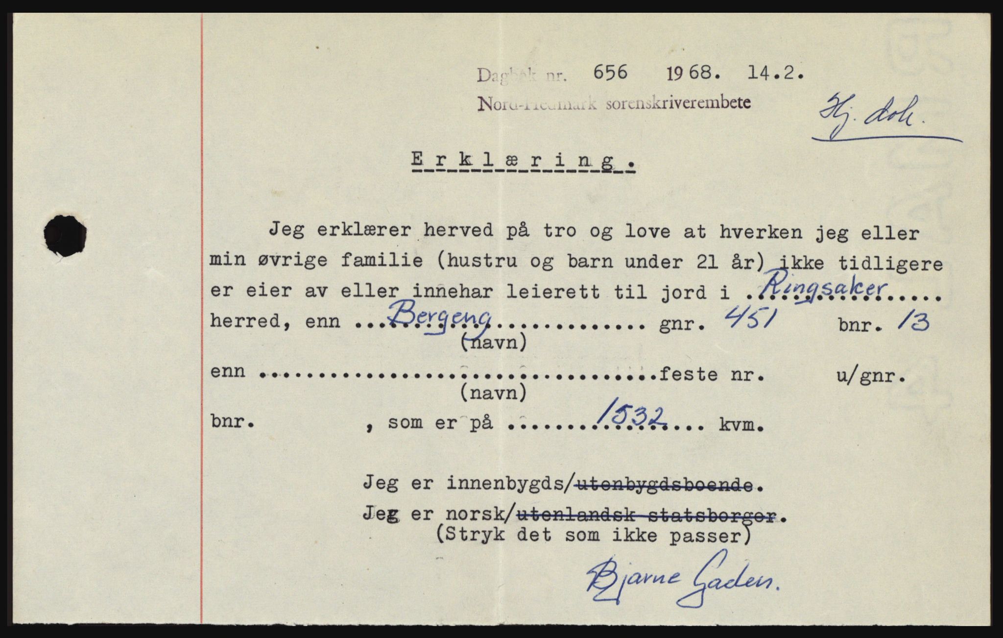 Nord-Hedmark sorenskriveri, SAH/TING-012/H/Hc/L0027: Mortgage book no. 27, 1967-1968, Diary no: : 656/1968