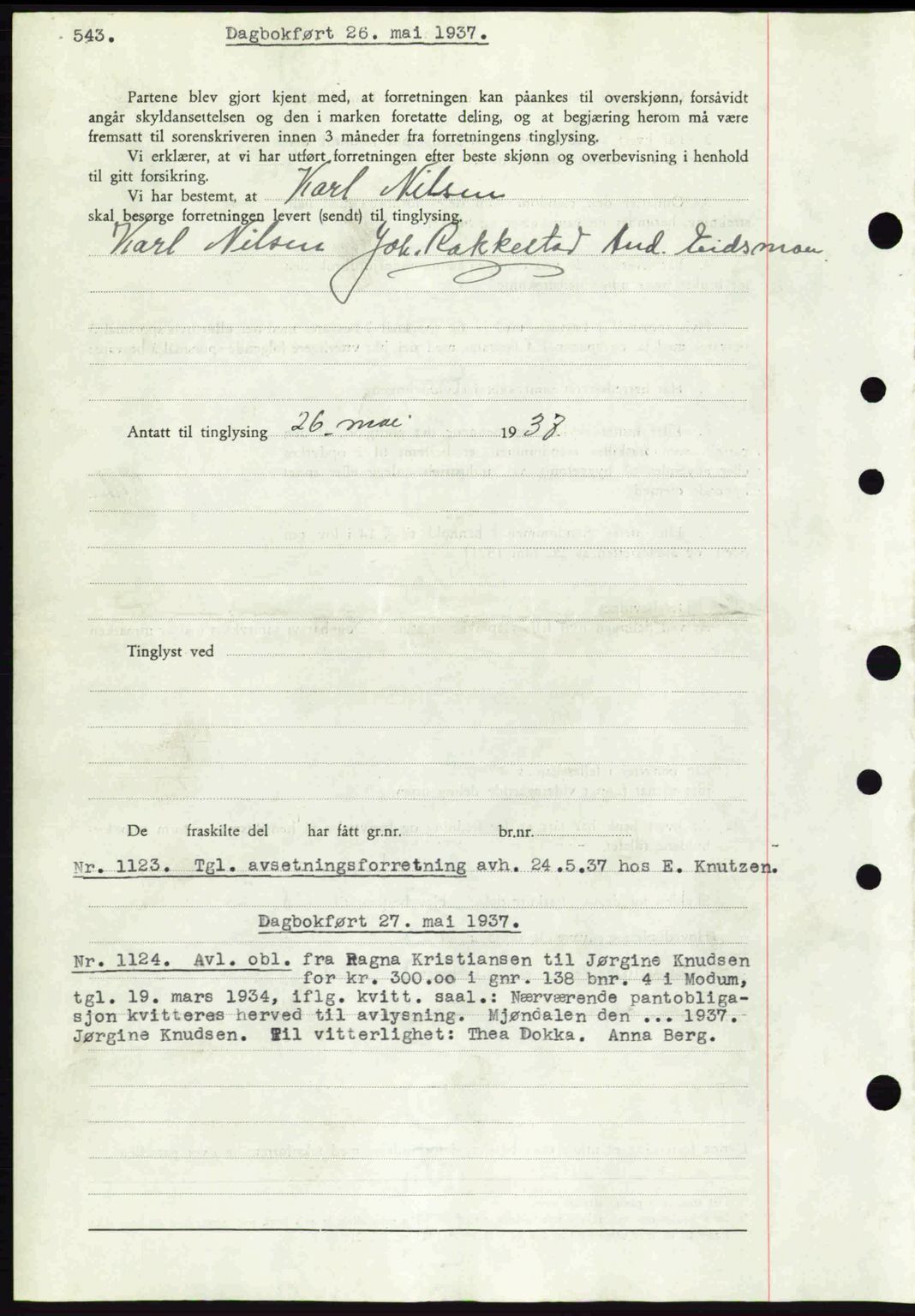 Eiker, Modum og Sigdal sorenskriveri, SAKO/A-123/G/Ga/Gab/L0035: Mortgage book no. A5, 1937-1937, Diary no: : 1123/1937