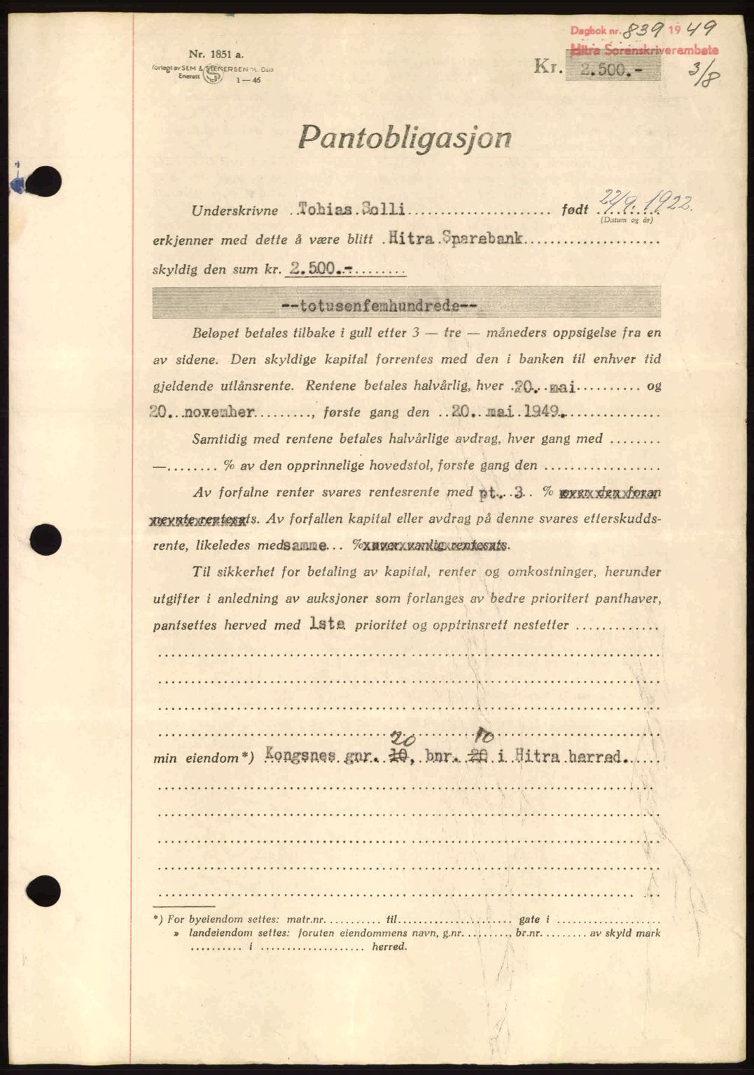 Hitra sorenskriveri, AV/SAT-A-0018/2/2C/2Ca: Mortgage book no. B1, 1939-1949, Diary no: : 839/1949