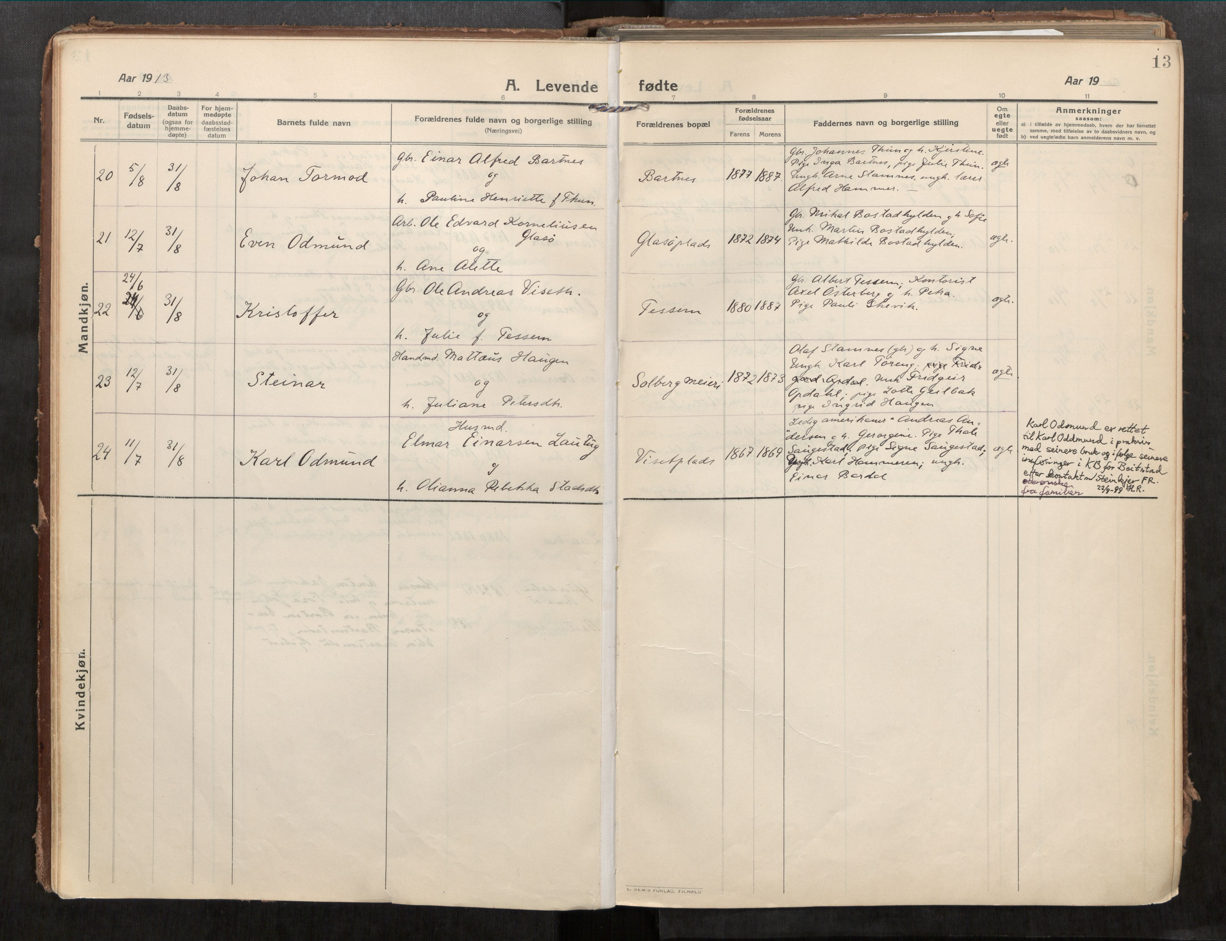 Beitstad sokneprestkontor, AV/SAT-A-1162/I/I1/I1a/L0001: Parish register (official) no. 1, 1912-1927, p. 13