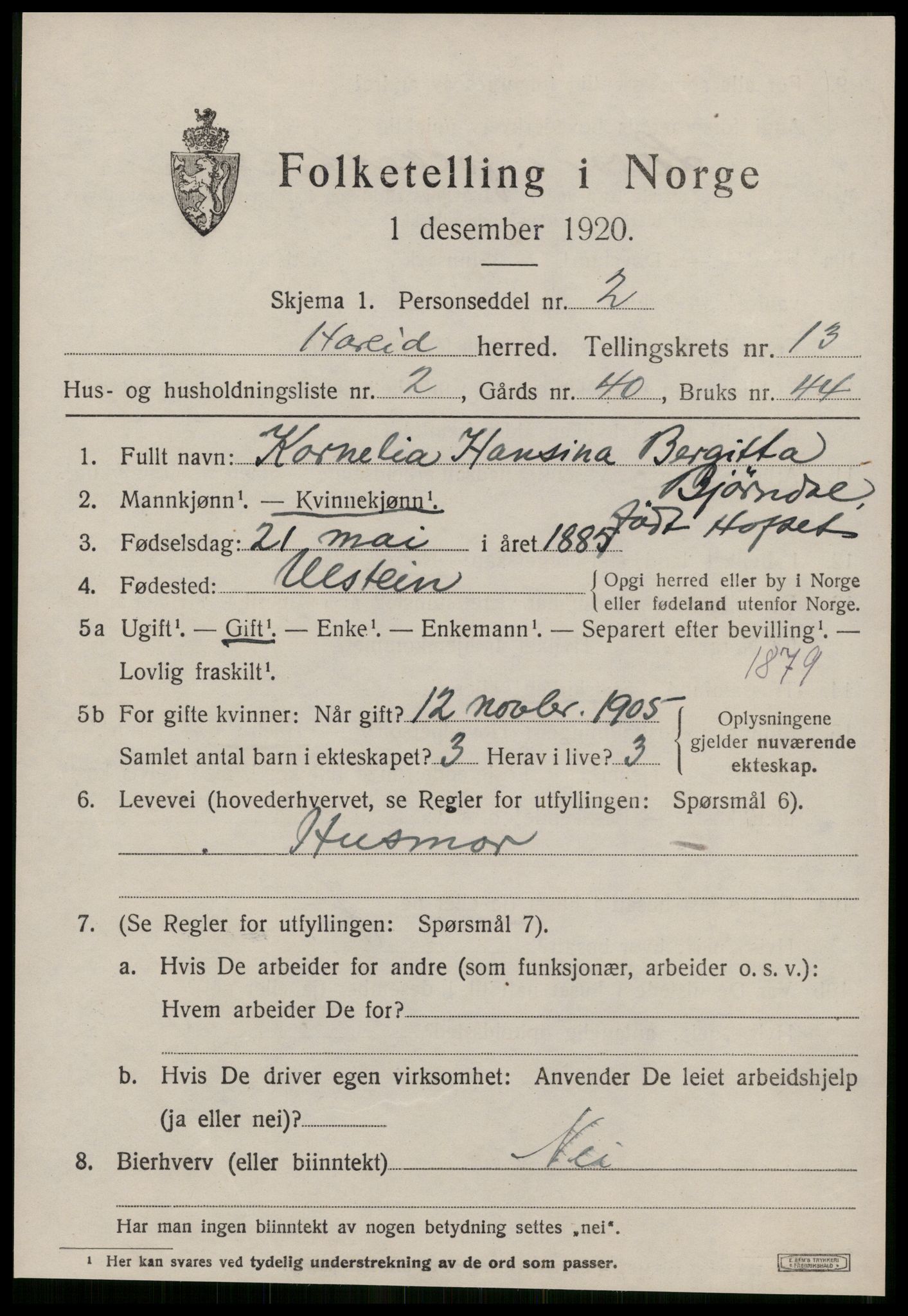 SAT, 1920 census for Hareid, 1920, p. 4939