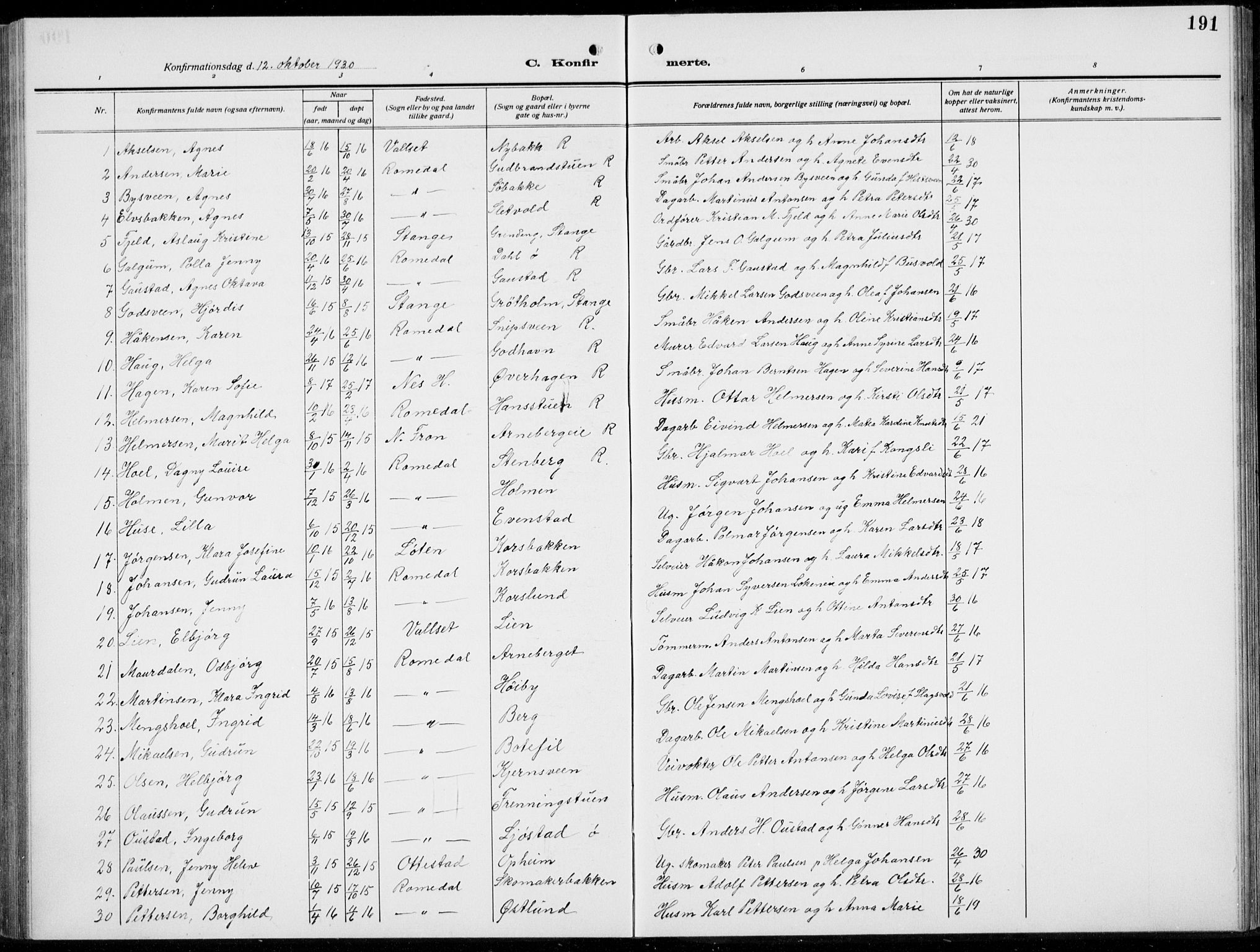 Romedal prestekontor, AV/SAH-PREST-004/L/L0014: Parish register (copy) no. 14, 1915-1939, p. 191