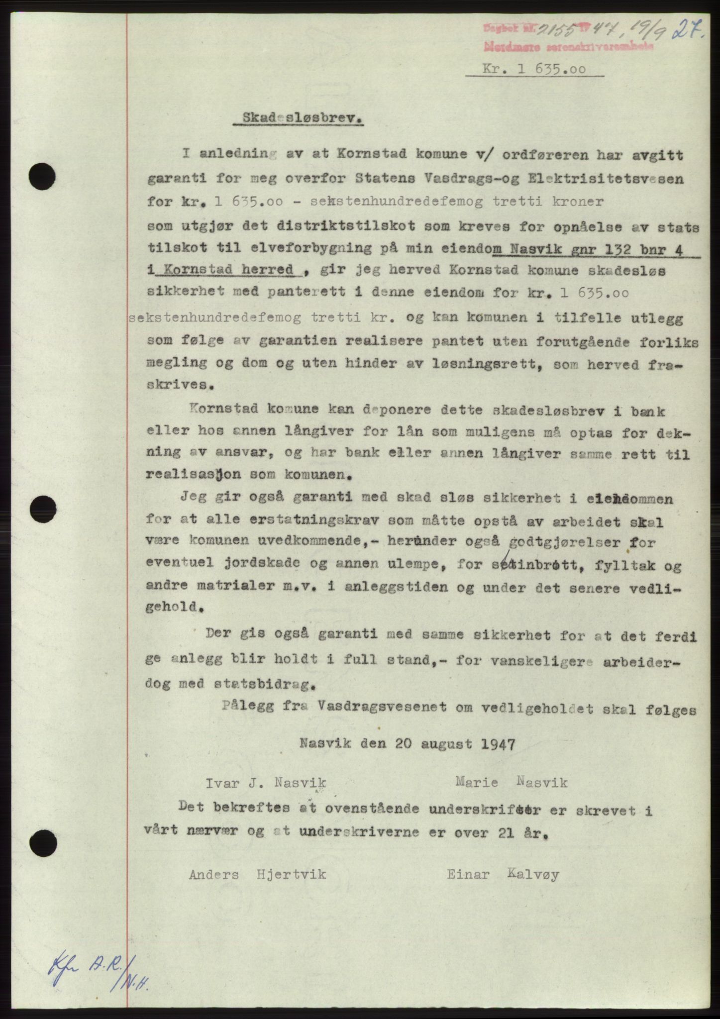 Nordmøre sorenskriveri, AV/SAT-A-4132/1/2/2Ca: Mortgage book no. B97, 1947-1948, Diary no: : 2155/1947