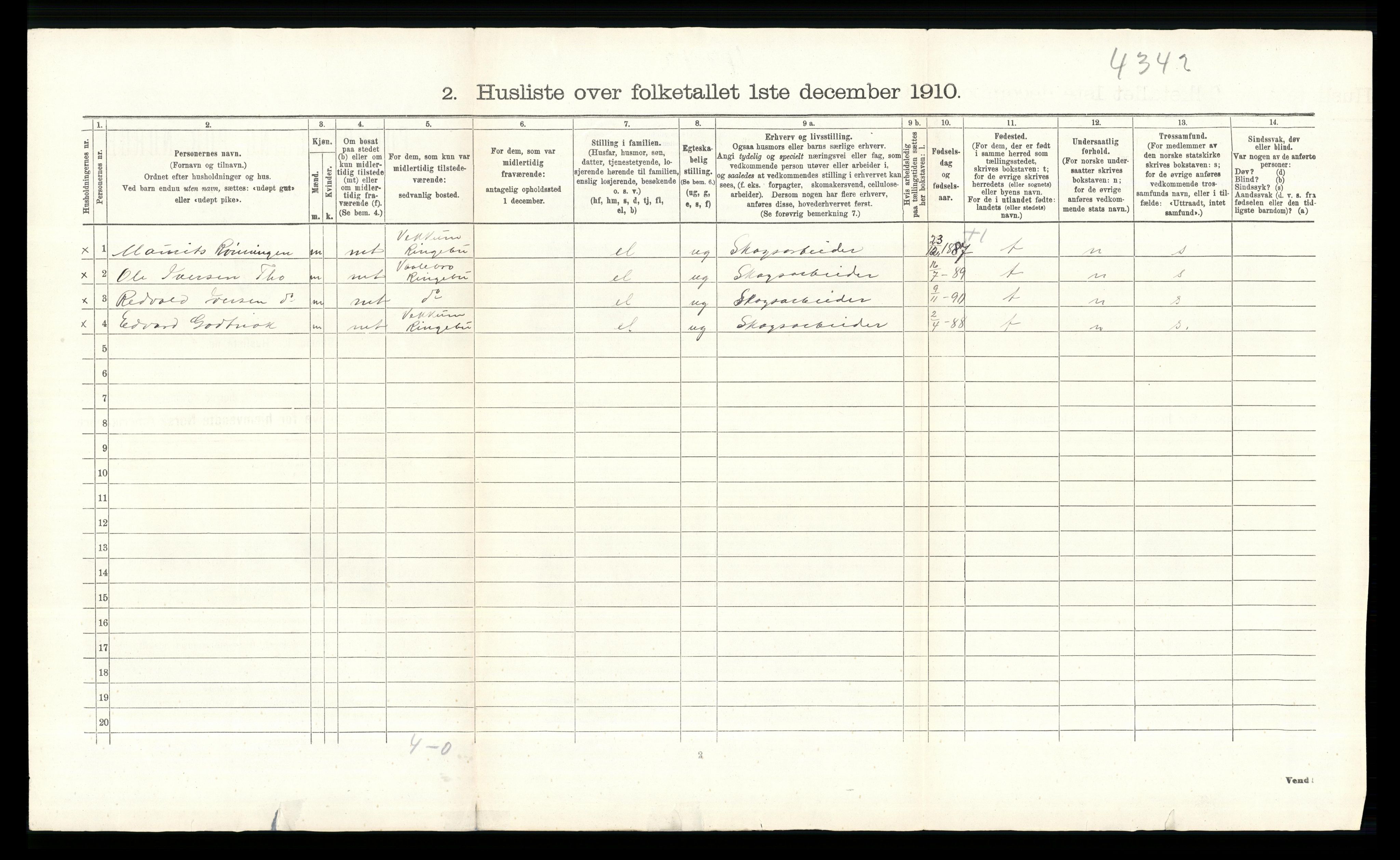 RA, 1910 census for Ringebu, 1910, p. 1627