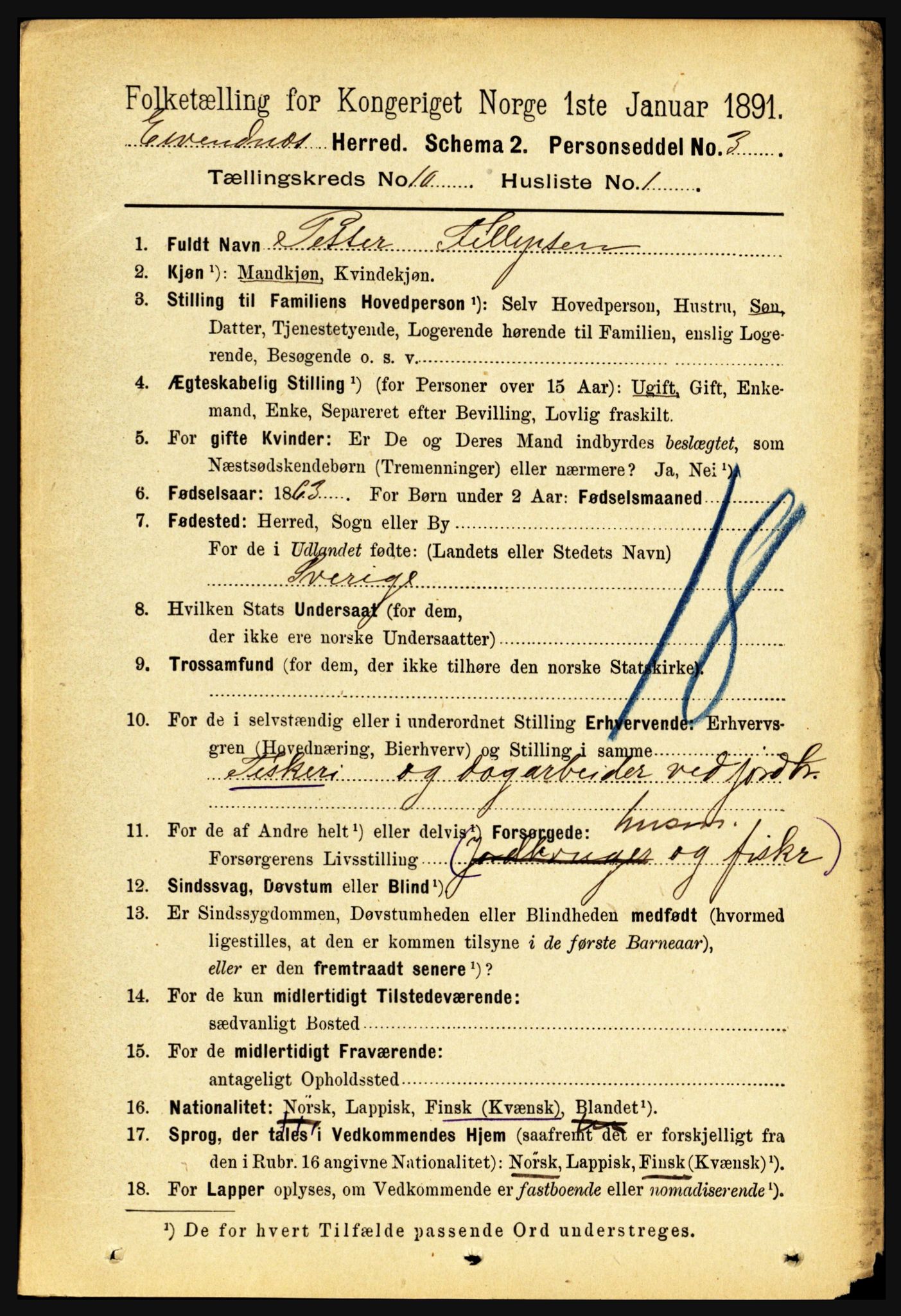 RA, 1891 census for 1853 Evenes, 1891, p. 3133