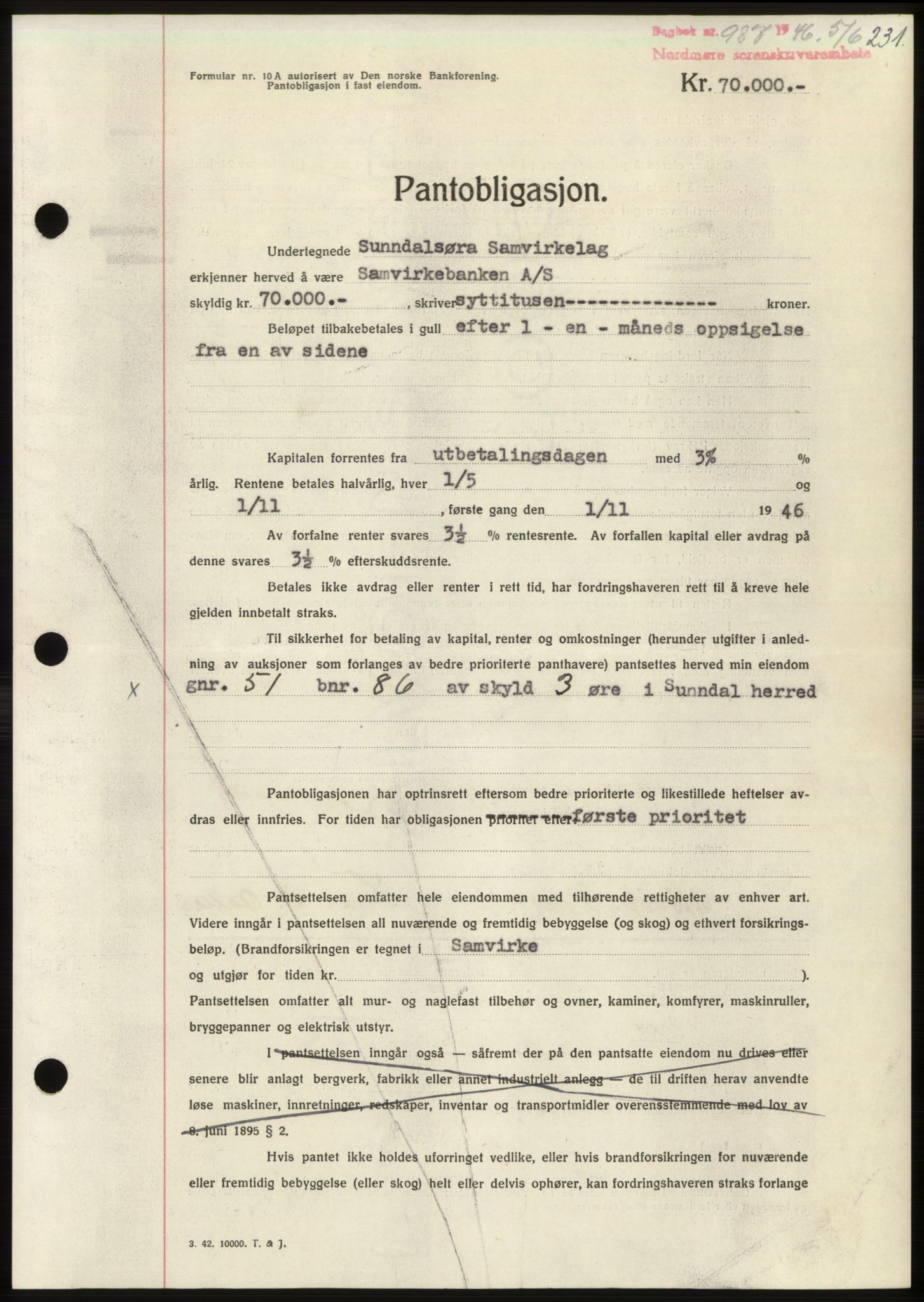 Nordmøre sorenskriveri, AV/SAT-A-4132/1/2/2Ca: Mortgage book no. B94, 1946-1946, Diary no: : 987/1946