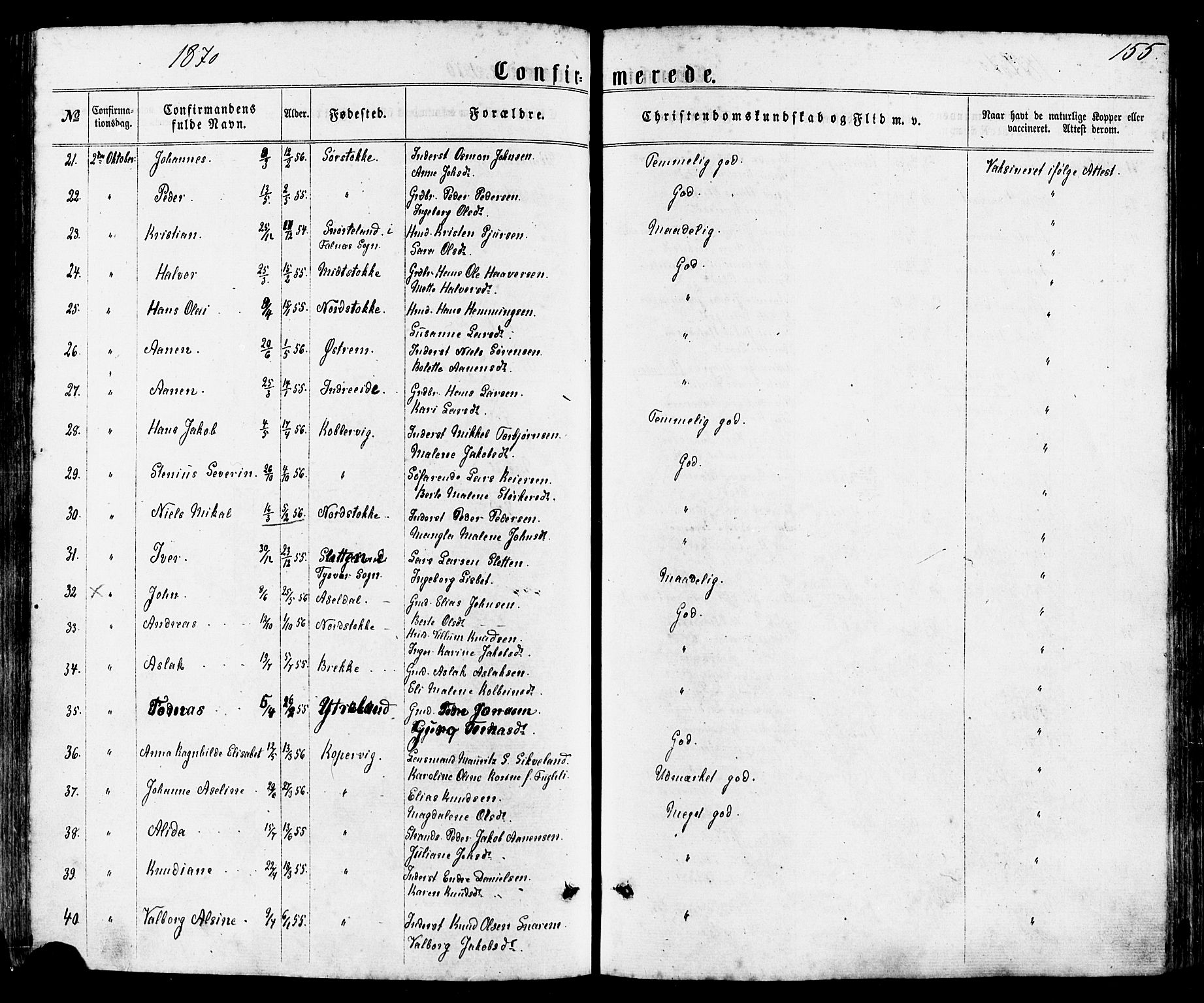 Avaldsnes sokneprestkontor, SAST/A -101851/H/Ha/Haa/L0011: Parish register (official) no. A 11, 1861-1880, p. 155