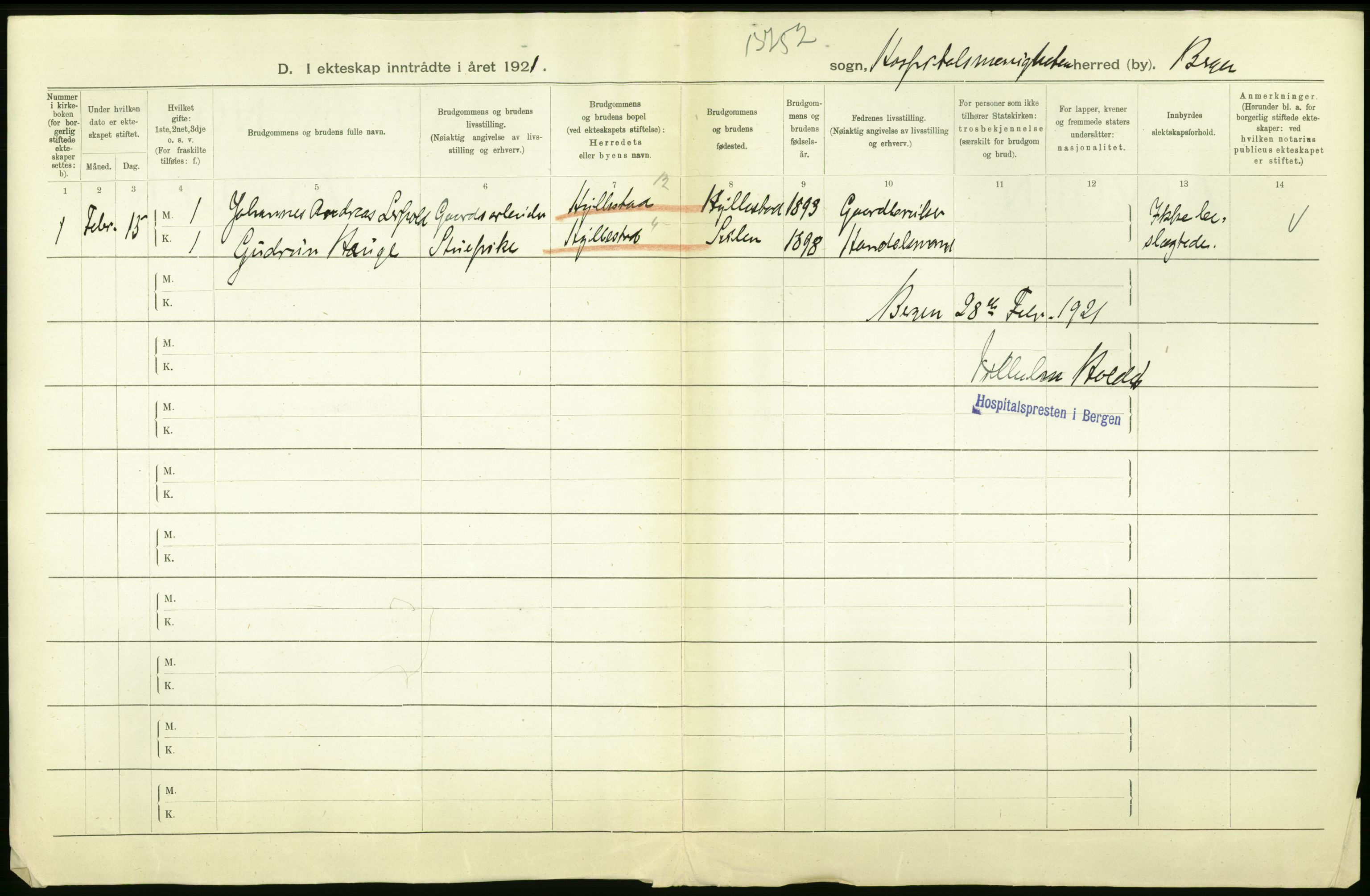 Statistisk sentralbyrå, Sosiodemografiske emner, Befolkning, AV/RA-S-2228/D/Df/Dfc/Dfca/L0035: Bergen: Gifte, dødfødte., 1921, p. 24