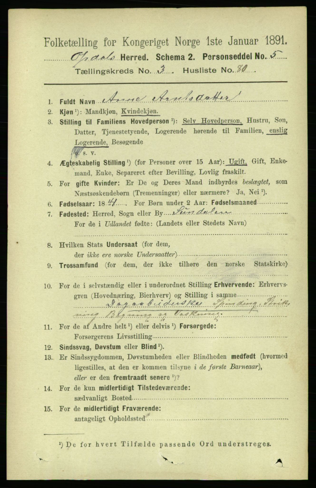 RA, 1891 census for 1634 Oppdal, 1891, p. 1726