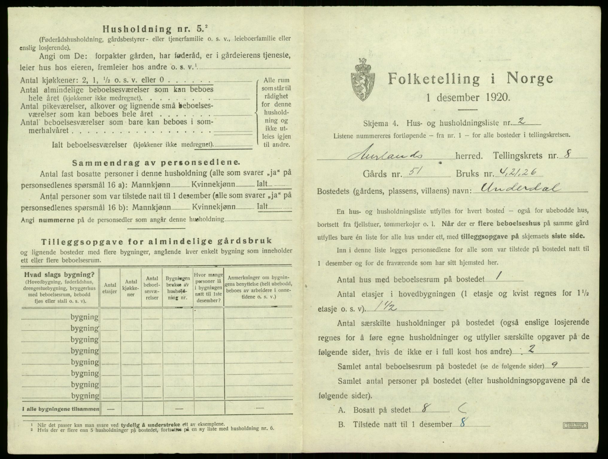 SAB, 1920 census for Aurland, 1920, p. 592