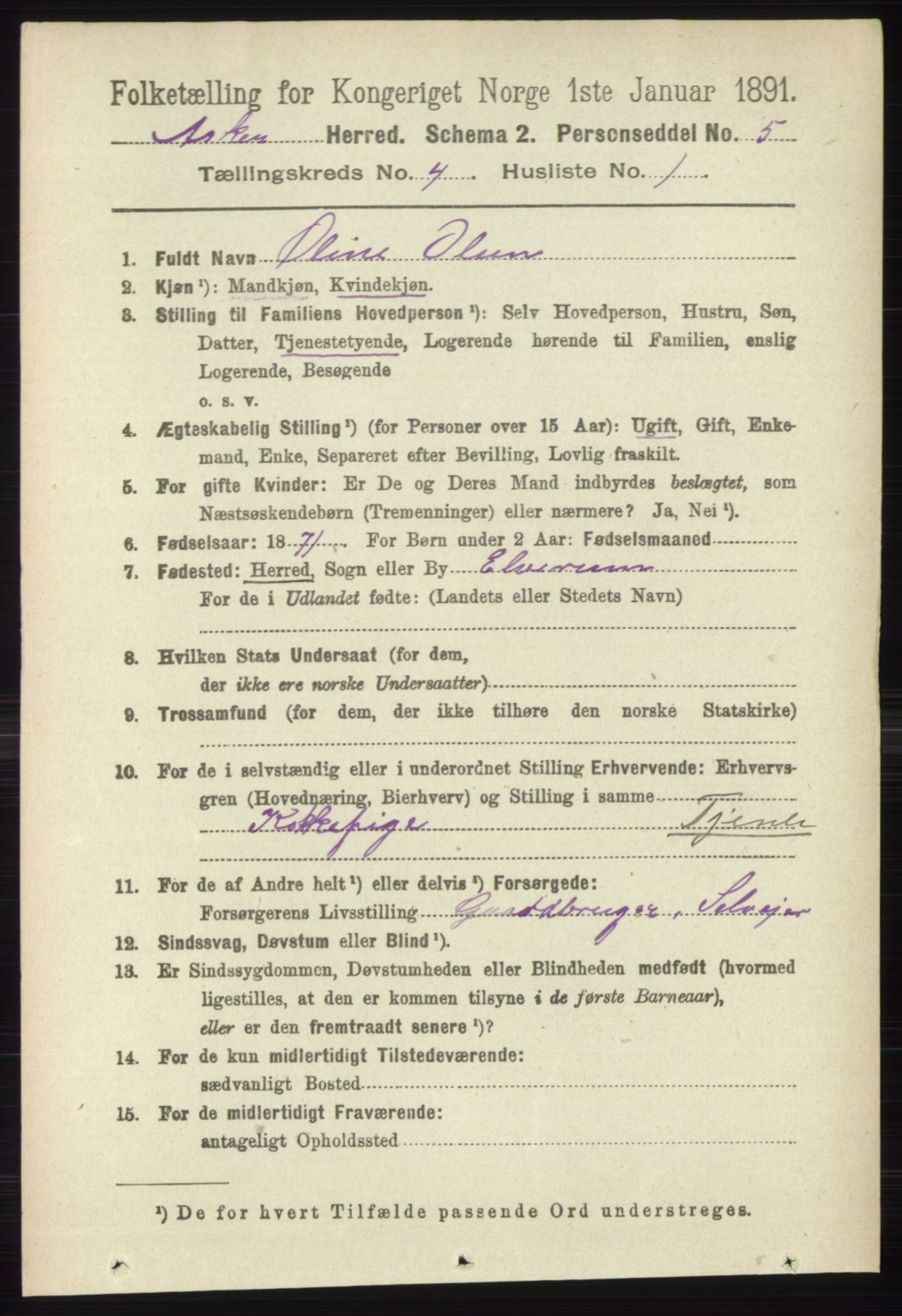 RA, 1891 census for 0220 Asker, 1891, p. 2949