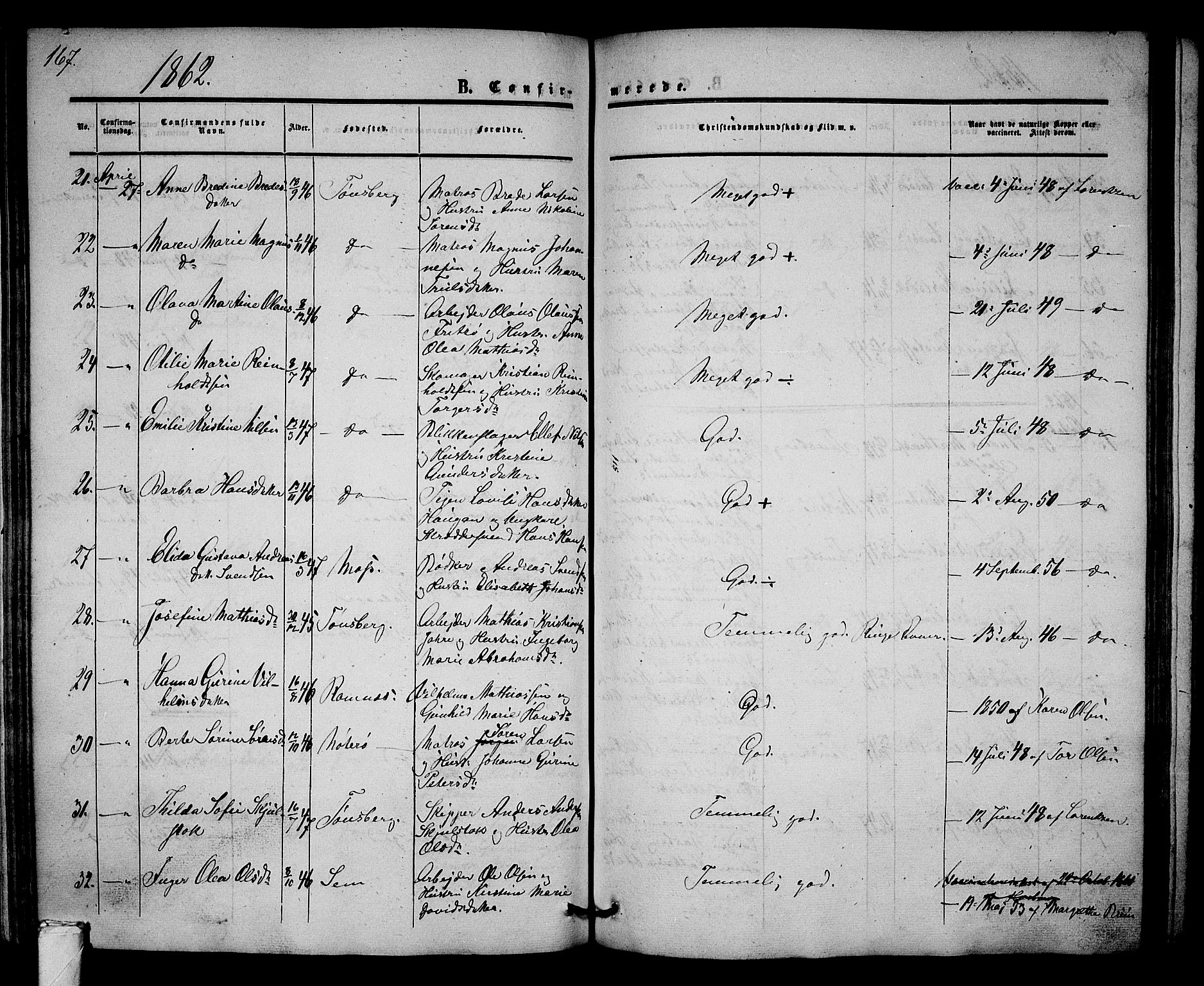 Tønsberg kirkebøker, AV/SAKO-A-330/G/Ga/L0003: Parish register (copy) no. 3, 1855-1864, p. 167