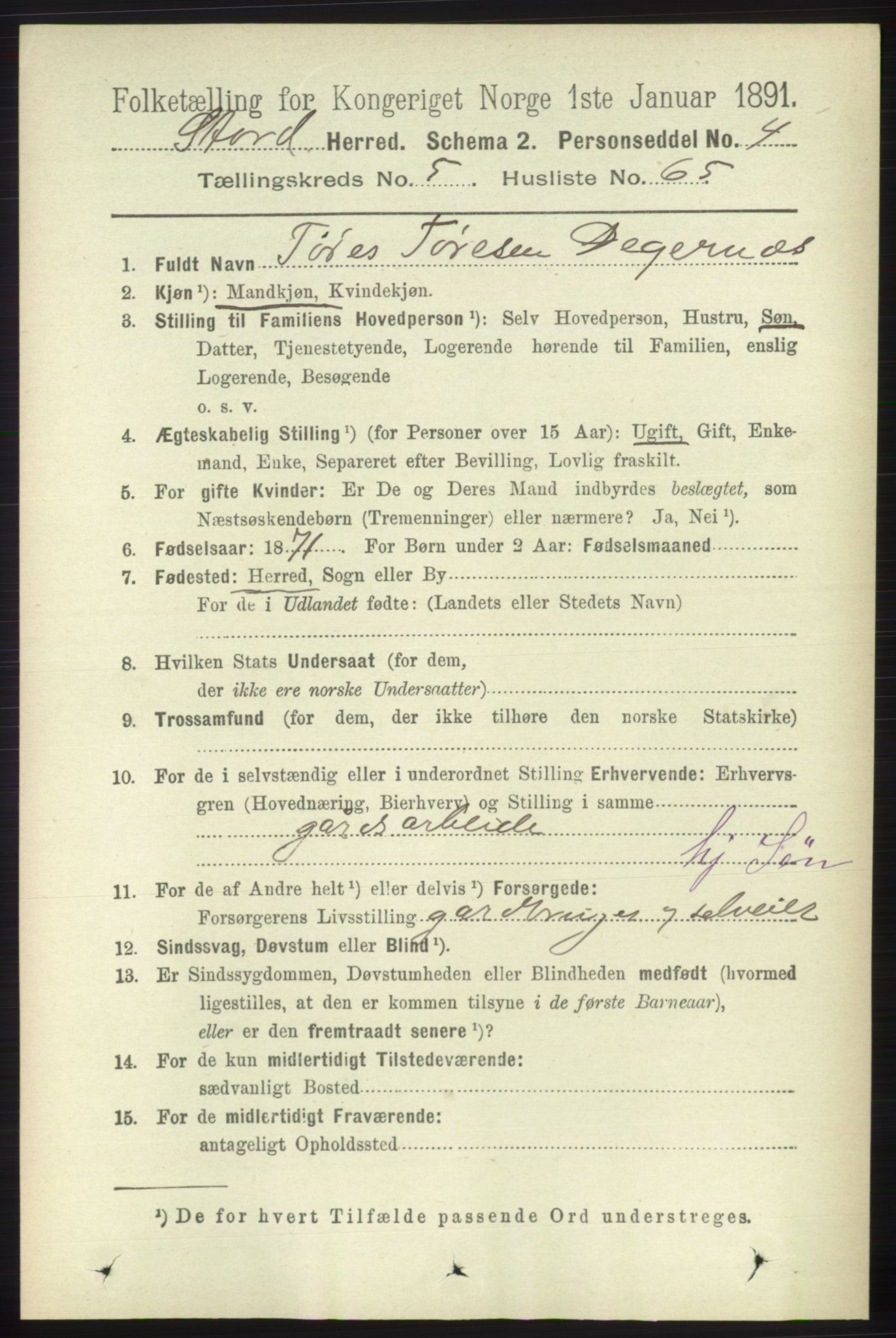 RA, 1891 census for 1221 Stord, 1891, p. 2025