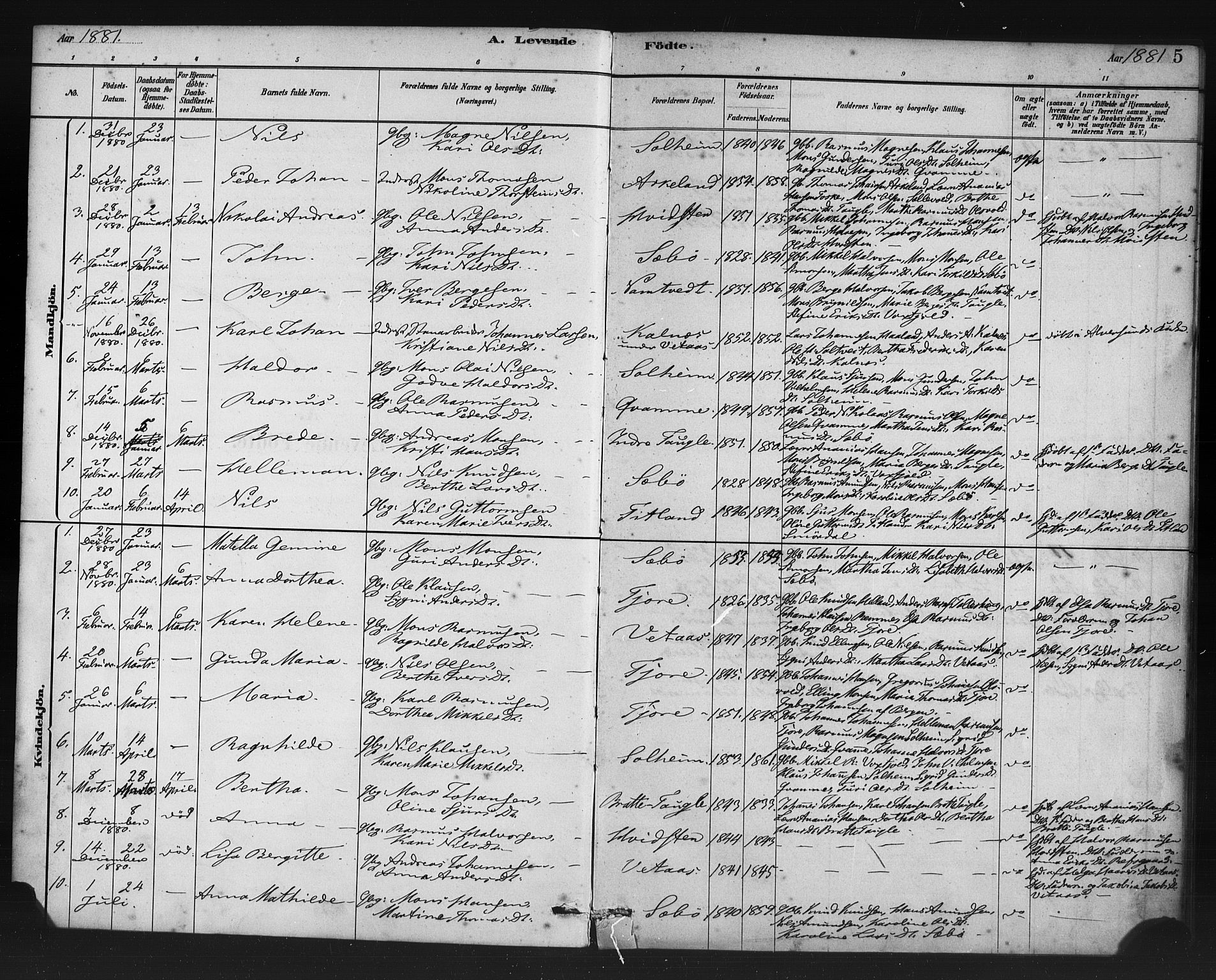 Manger sokneprestembete, SAB/A-76801/H/Haa: Parish register (official) no. D 1, 1881-1892, p. 5