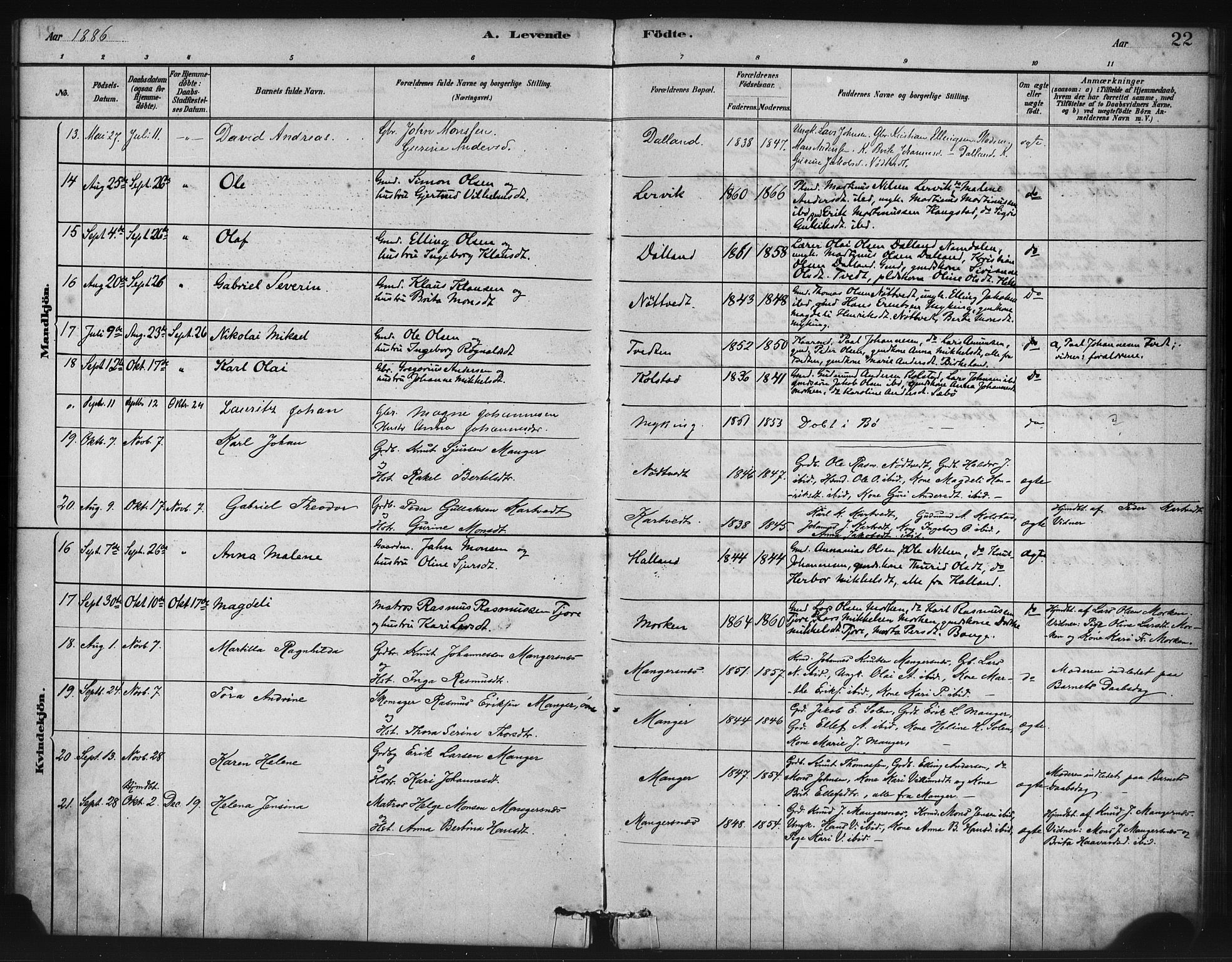 Manger sokneprestembete, SAB/A-76801/H/Haa: Parish register (official) no. B 1, 1881-1892, p. 22