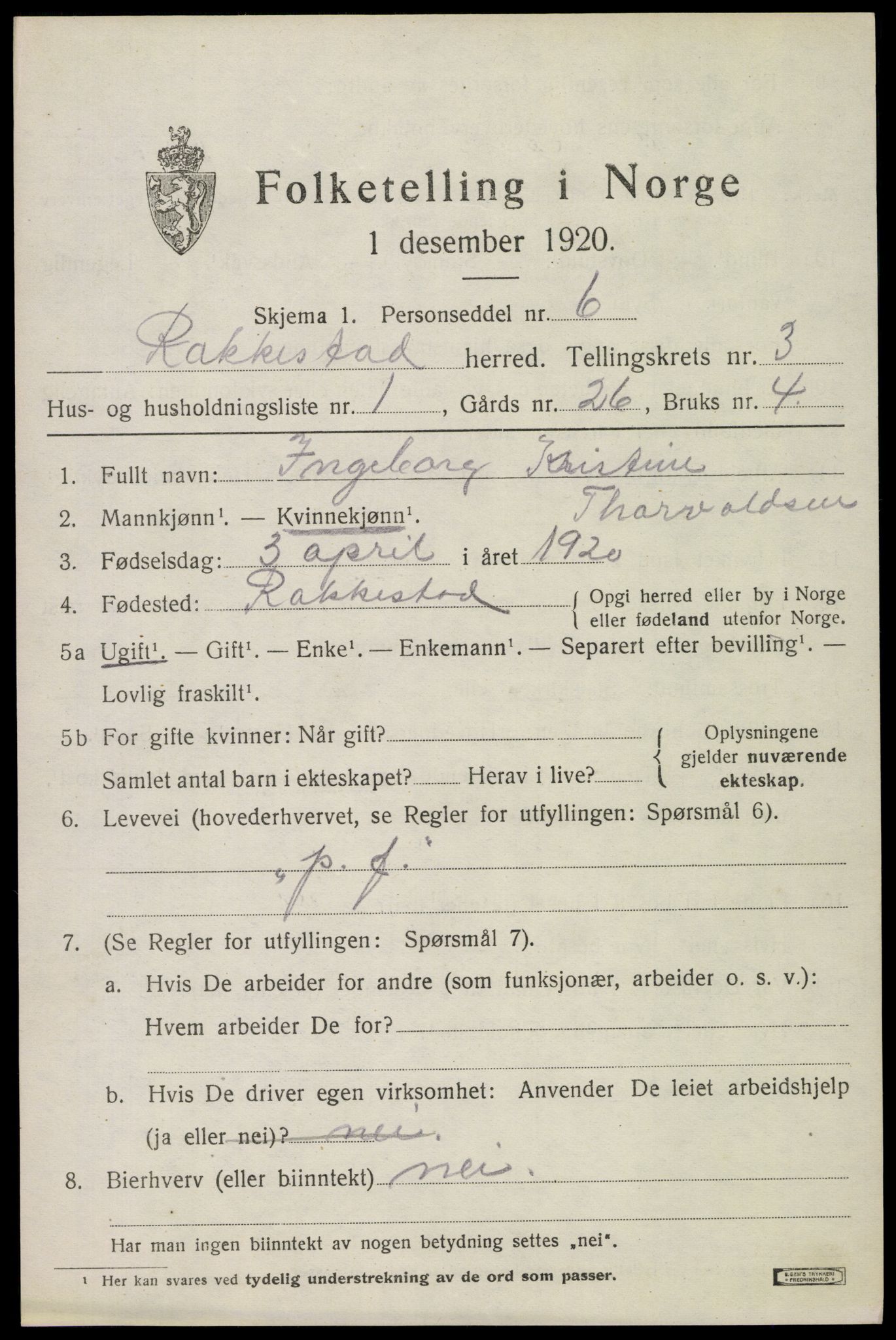 SAO, 1920 census for Rakkestad, 1920, p. 4435