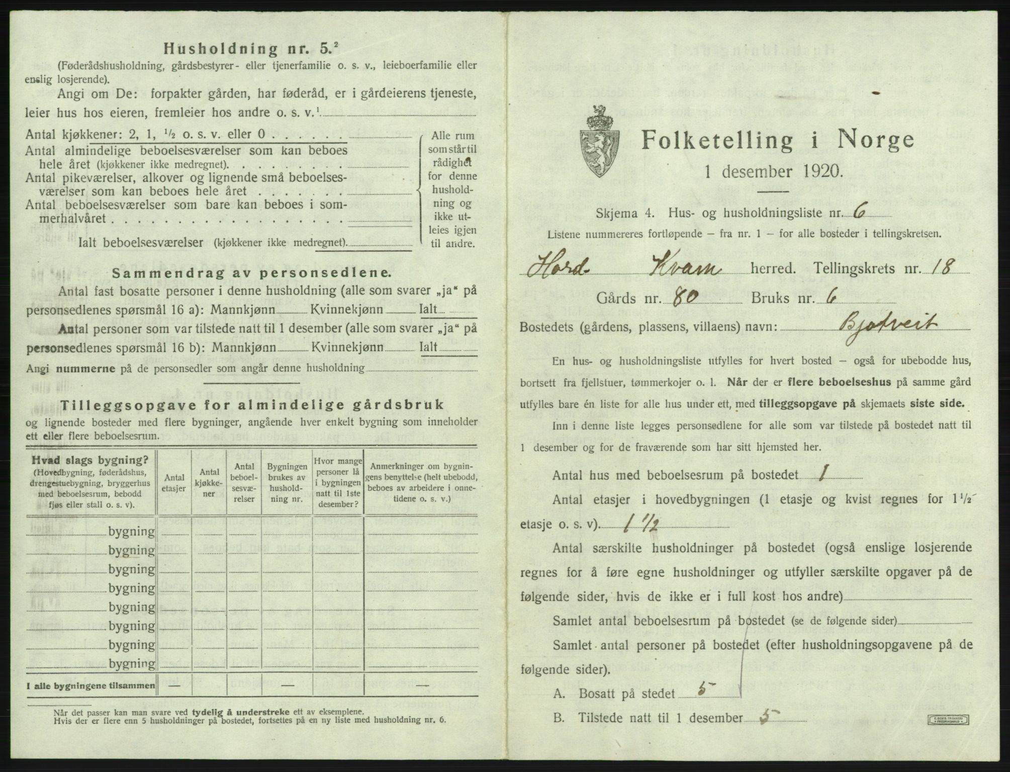 SAB, 1920 census for Kvam, 1920, p. 1415