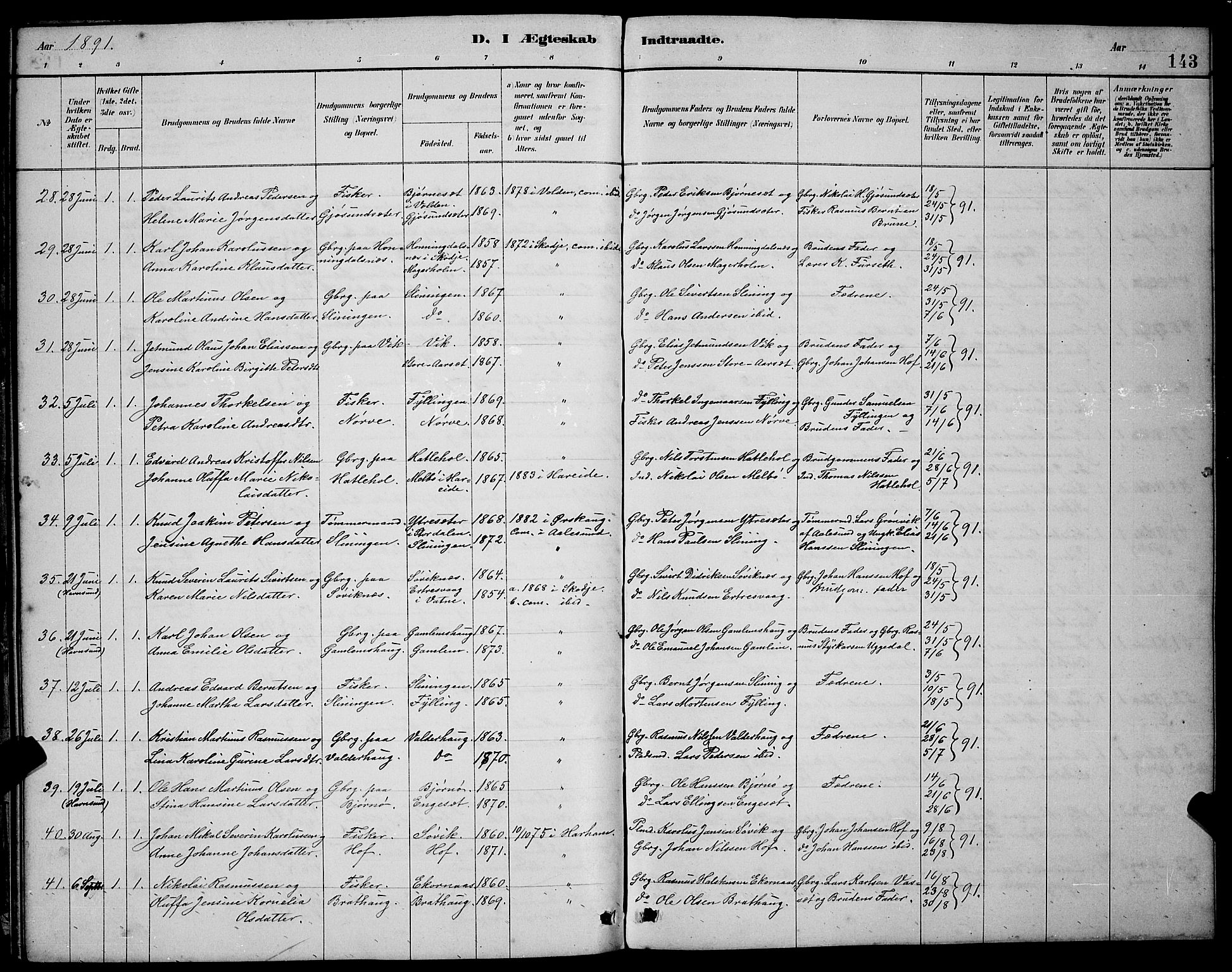 Ministerialprotokoller, klokkerbøker og fødselsregistre - Møre og Romsdal, SAT/A-1454/528/L0430: Parish register (copy) no. 528C11, 1884-1899, p. 143